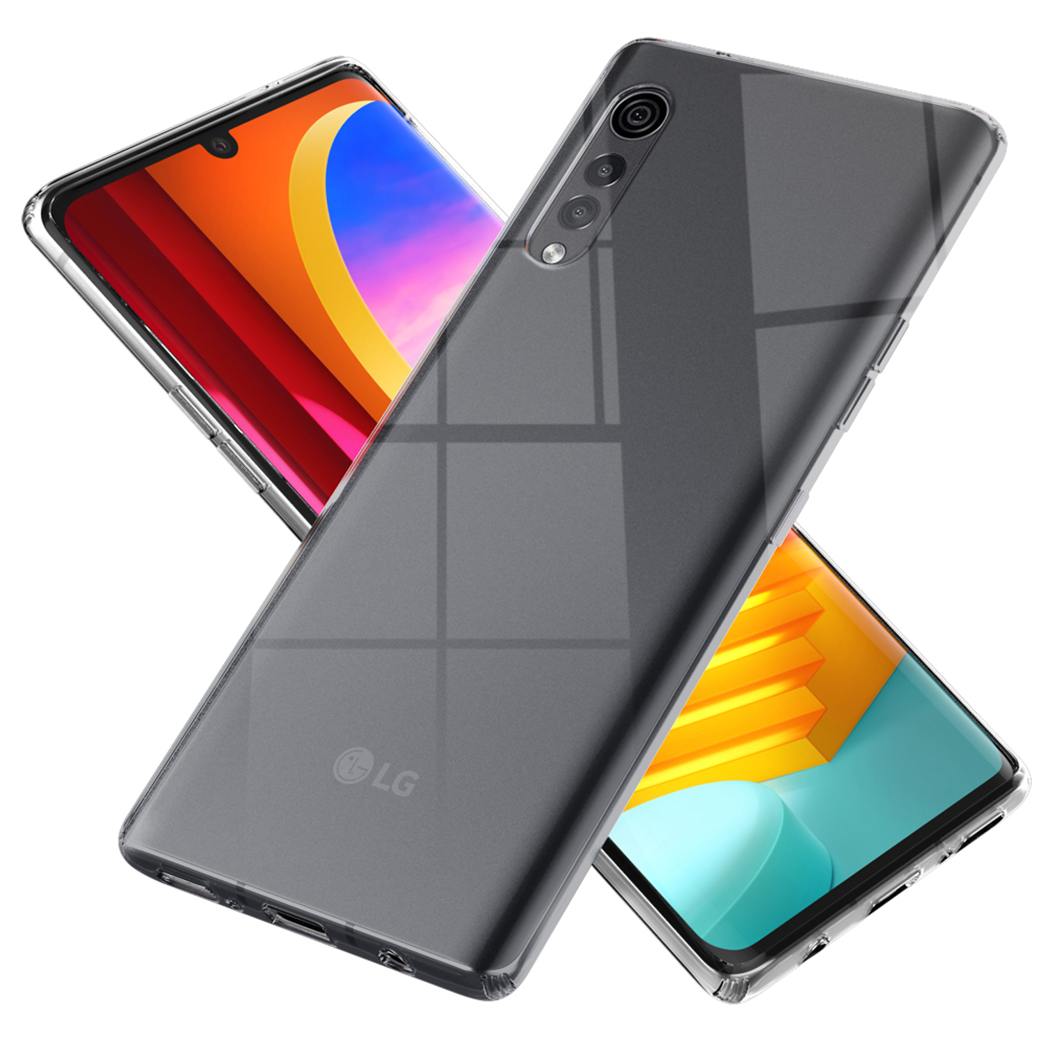 Transparente Handyhülle auf zwei Handys. Eines hat einen blau-orangen Bildschirm. LG-Logo auf der Hülle.