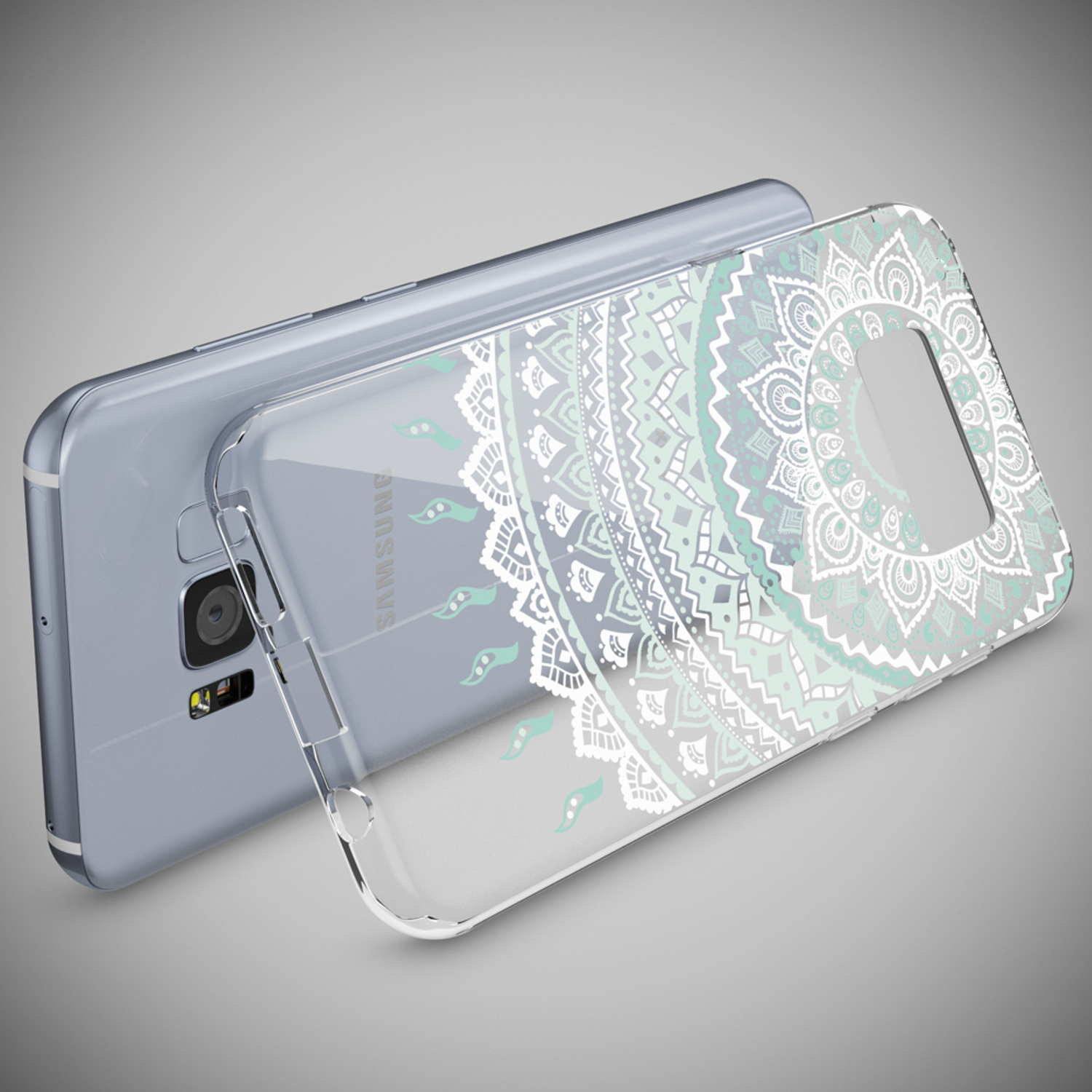 Funda transparente con diseño de mandala azul y blanco. El teléfono es plateado.