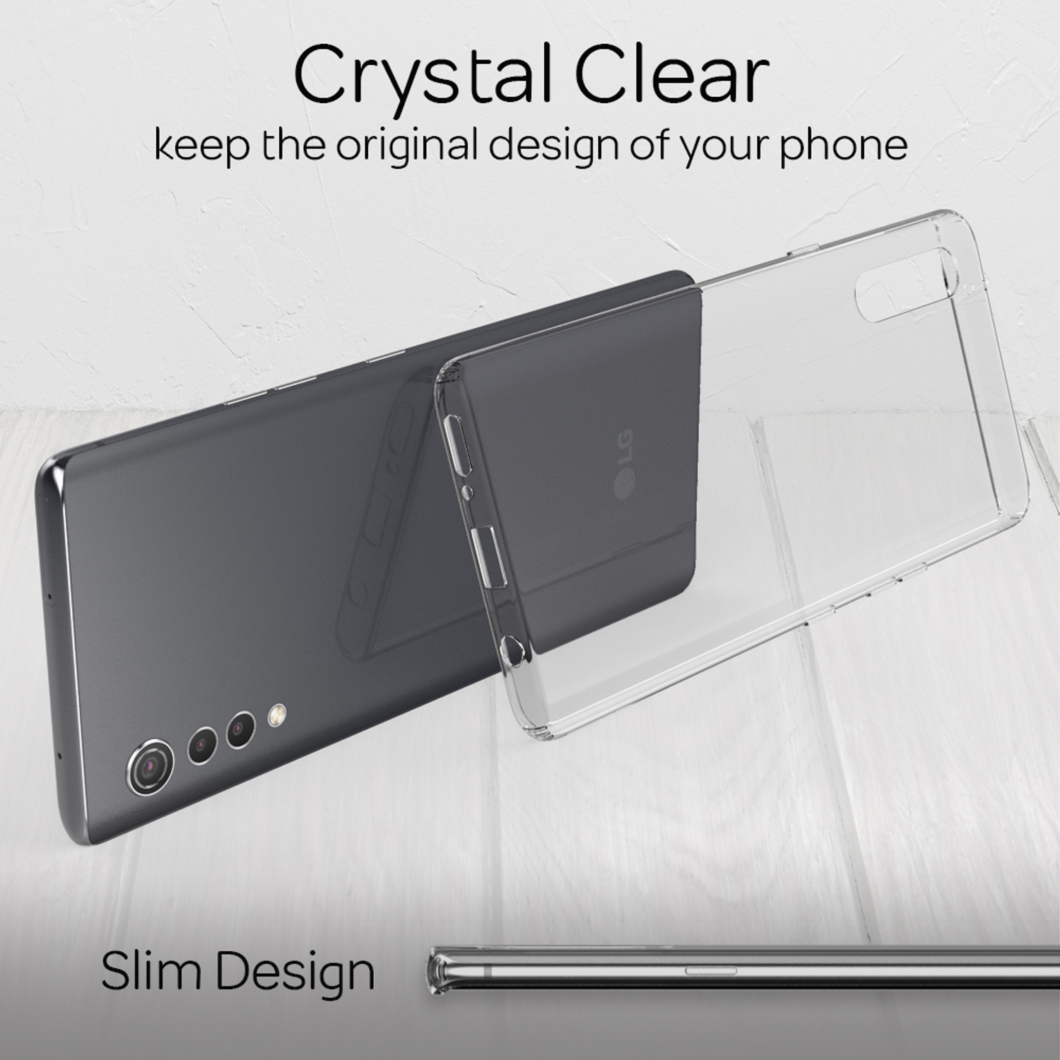 Eine transparente Handyhülle auf einem schwarzen Telefon. Text: Kristallklar, behalten Sie das Originaldesign. Auch schmal.