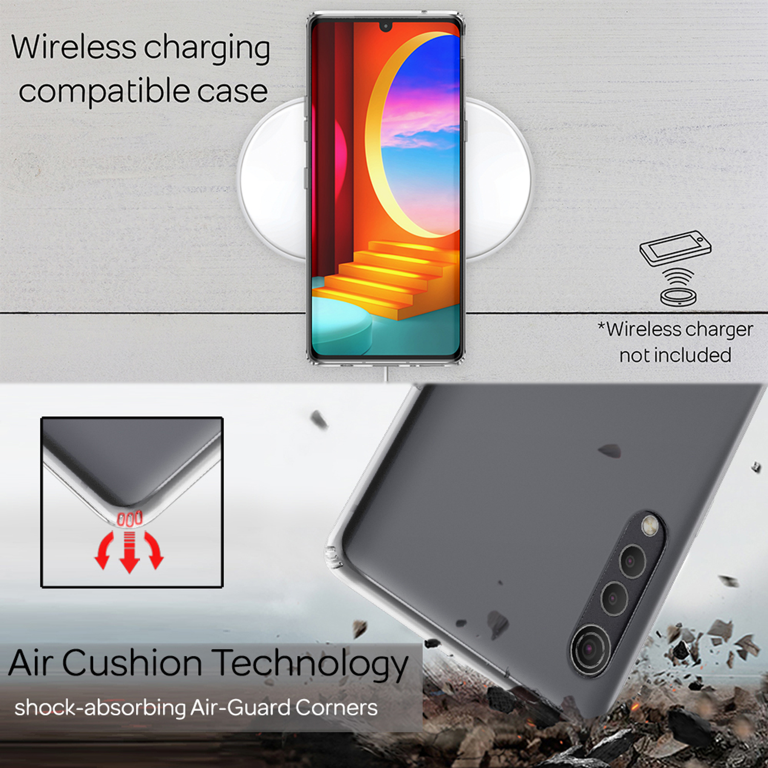 Eine transparente Handyhülle mit Luftpolstertechnologie und ein Telefon auf kabellosem Ladegerät.