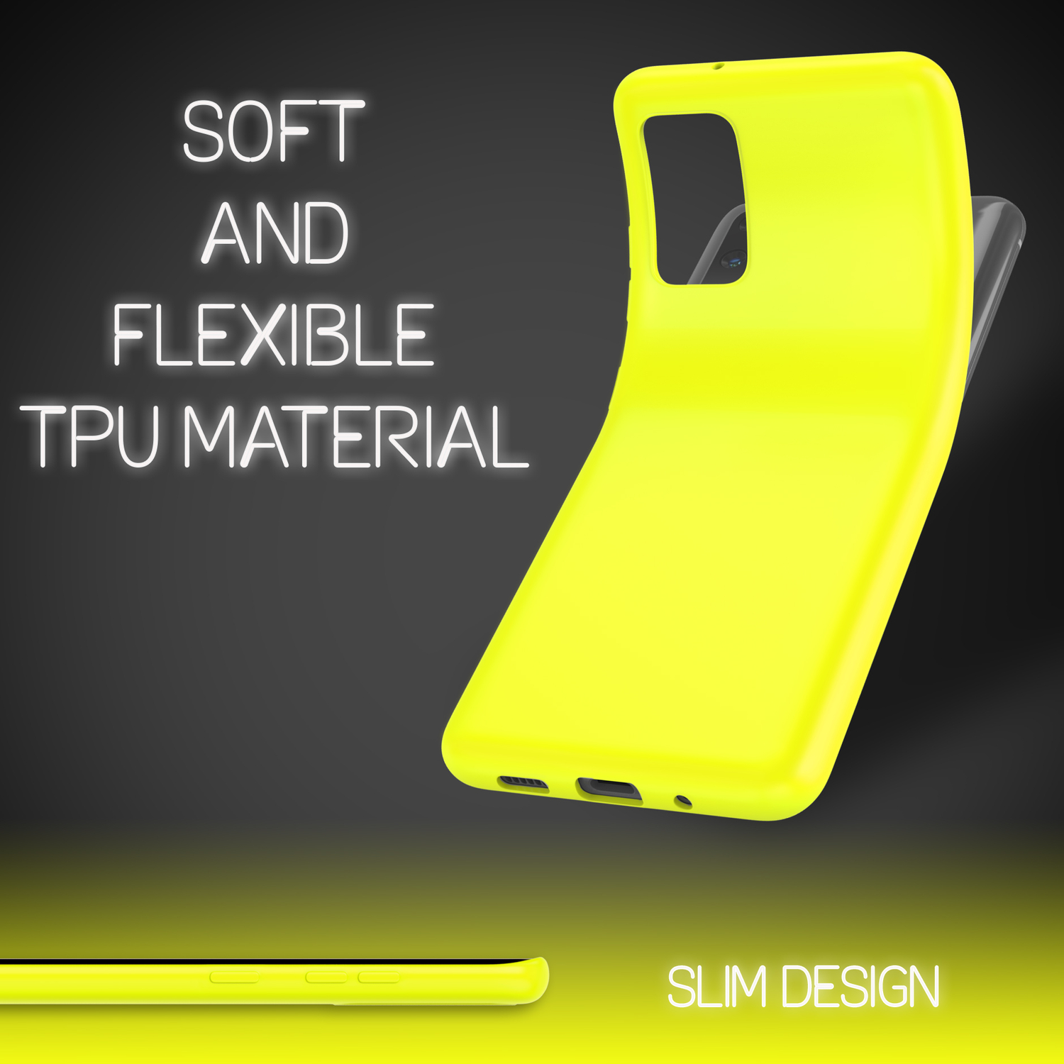 Eine gelbe Handyhülle mit geschwungenem Design. Text: Weiches und flexibles TPU-Material, schlankes Design.