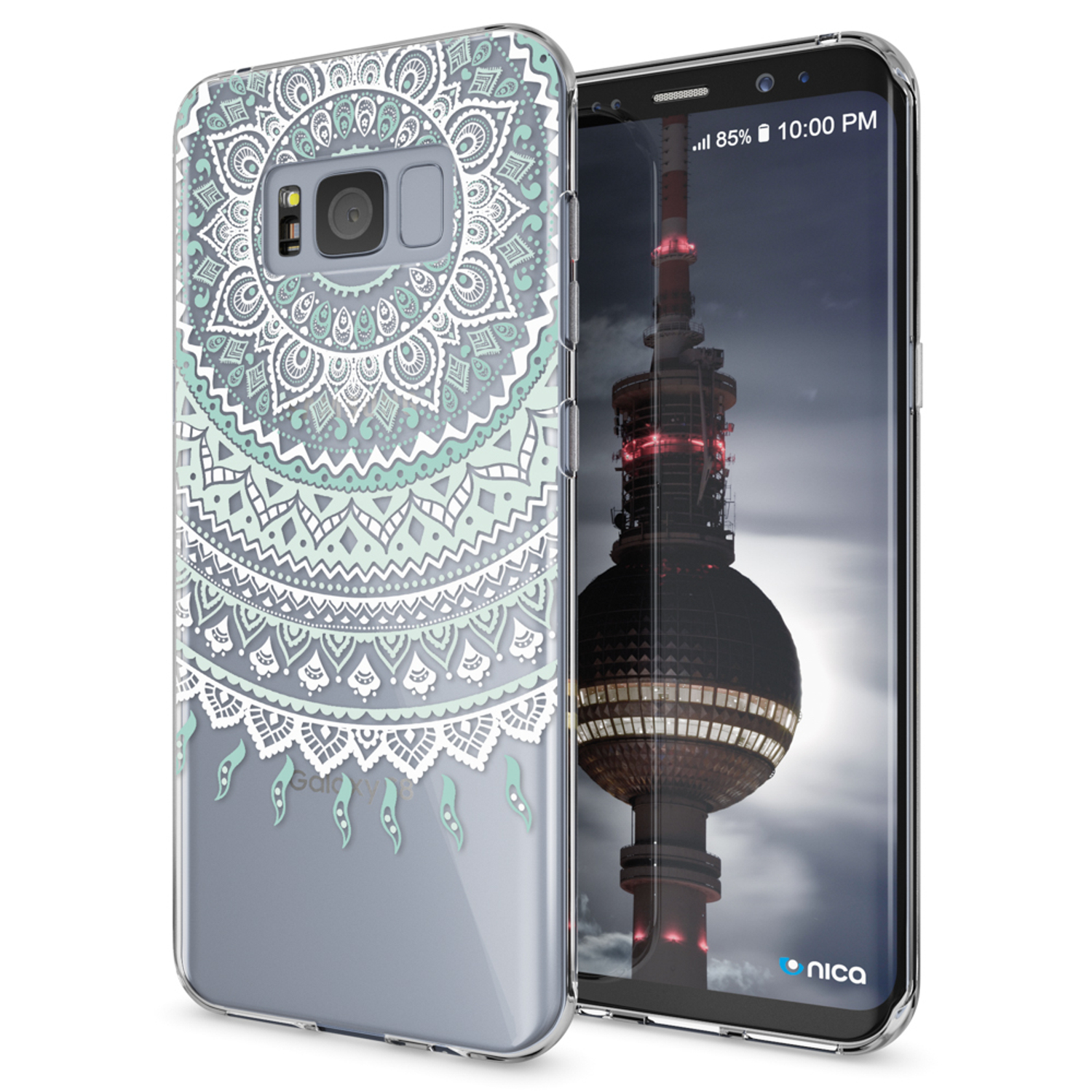 Funda de teléfono con diseño de mandala, teléfono muestra paisaje urbano con torre de noche.