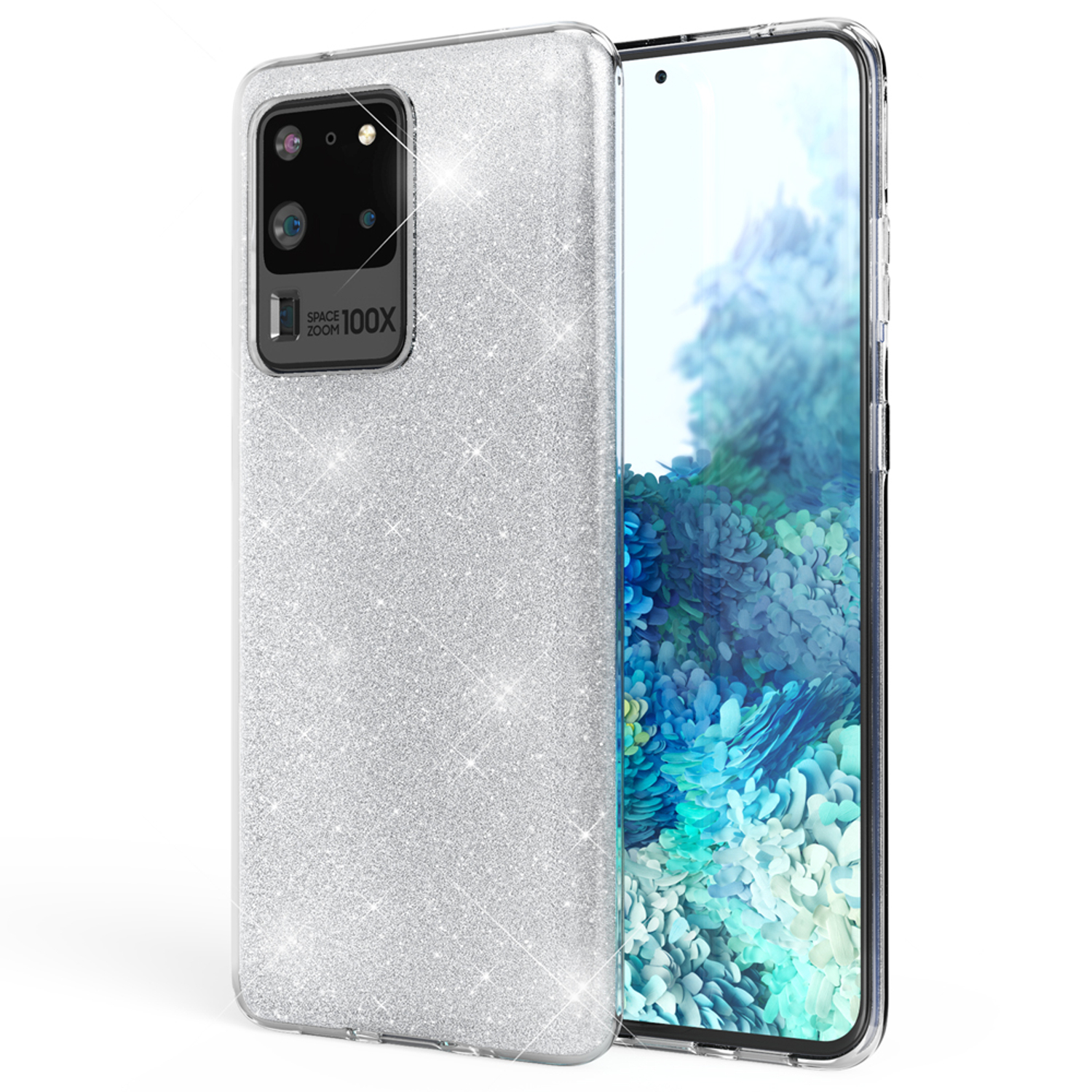 Silber Glitzer-Handyhülle neben einem Telefon mit blauem Display.