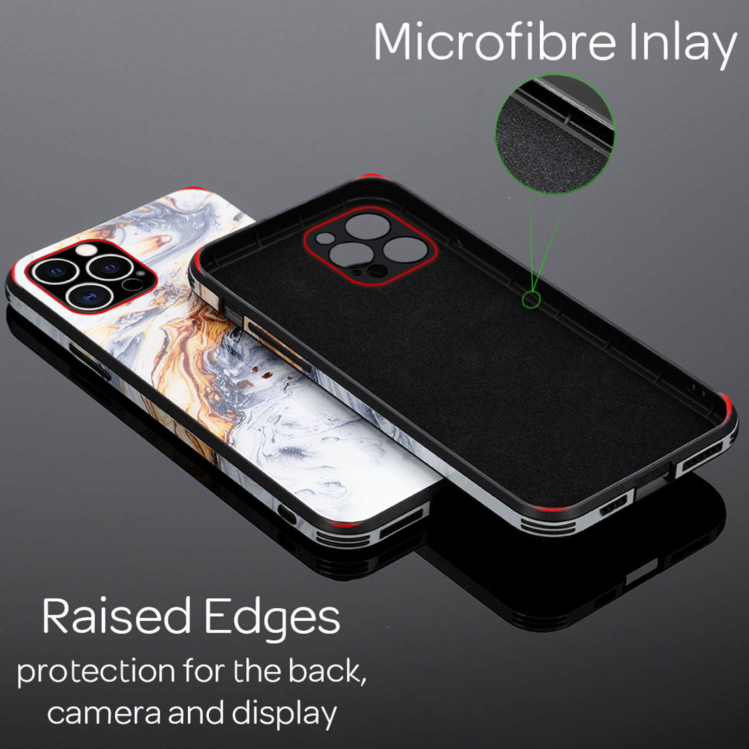 Dos fundas de teléfono, una con diseño de mármol, otra negra, con texto 'Raised Edges' y 'Microfibre Inlay'.