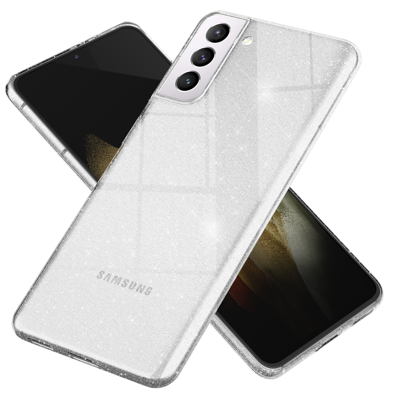Silberne Glitzer-Handyhüllen. Die Bildschirme der Telefone sind sichtbar. Weißer Hintergrund.