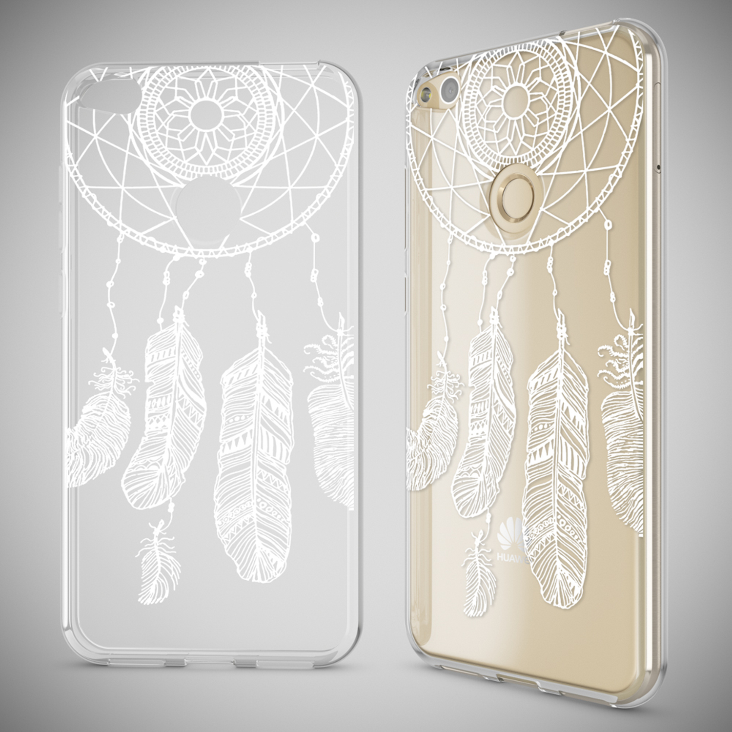 Transparente Handyhülle mit weißem Traumfänger-Design. Zwei Hüllen, eine auf dem Handy, eine daneben.