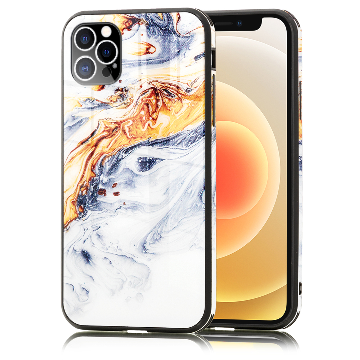 Un teléfono en una funda con diseño de mármol, blanco, dorado y marrón, con marco negro.