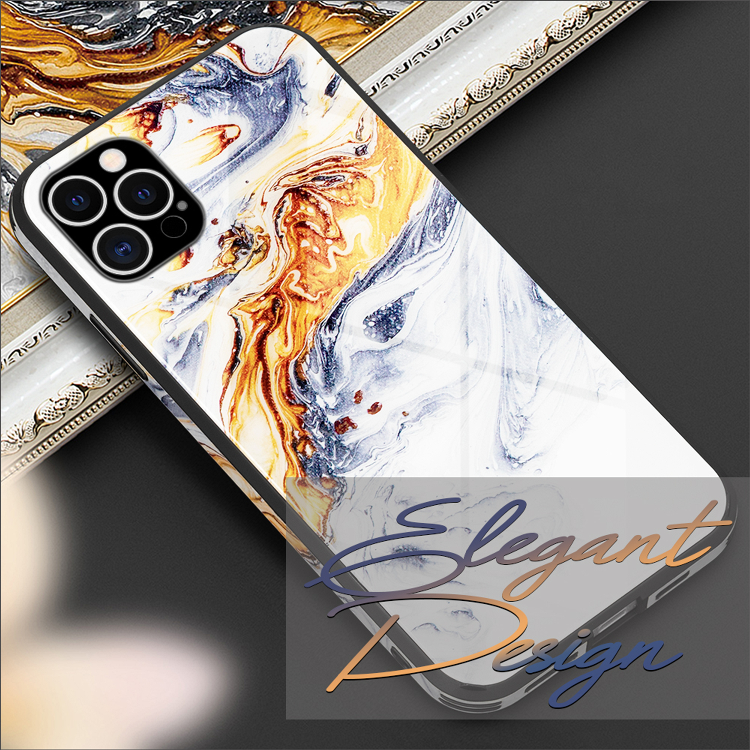 Funda de teléfono con diseño de mármol. El diseño es blanco, marrón y azul. La funda está sobre una superficie oscura.