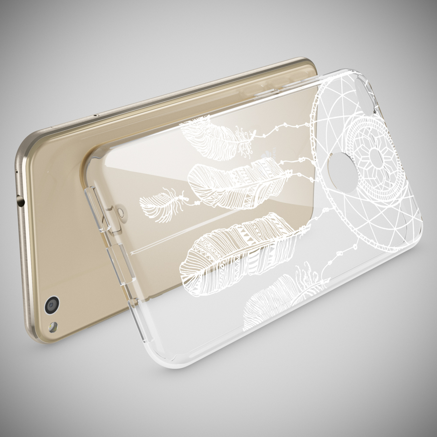 Transparente Handyhülle mit weißem Federdesign auf einem goldenen Telefon. Traumfänger-Design.