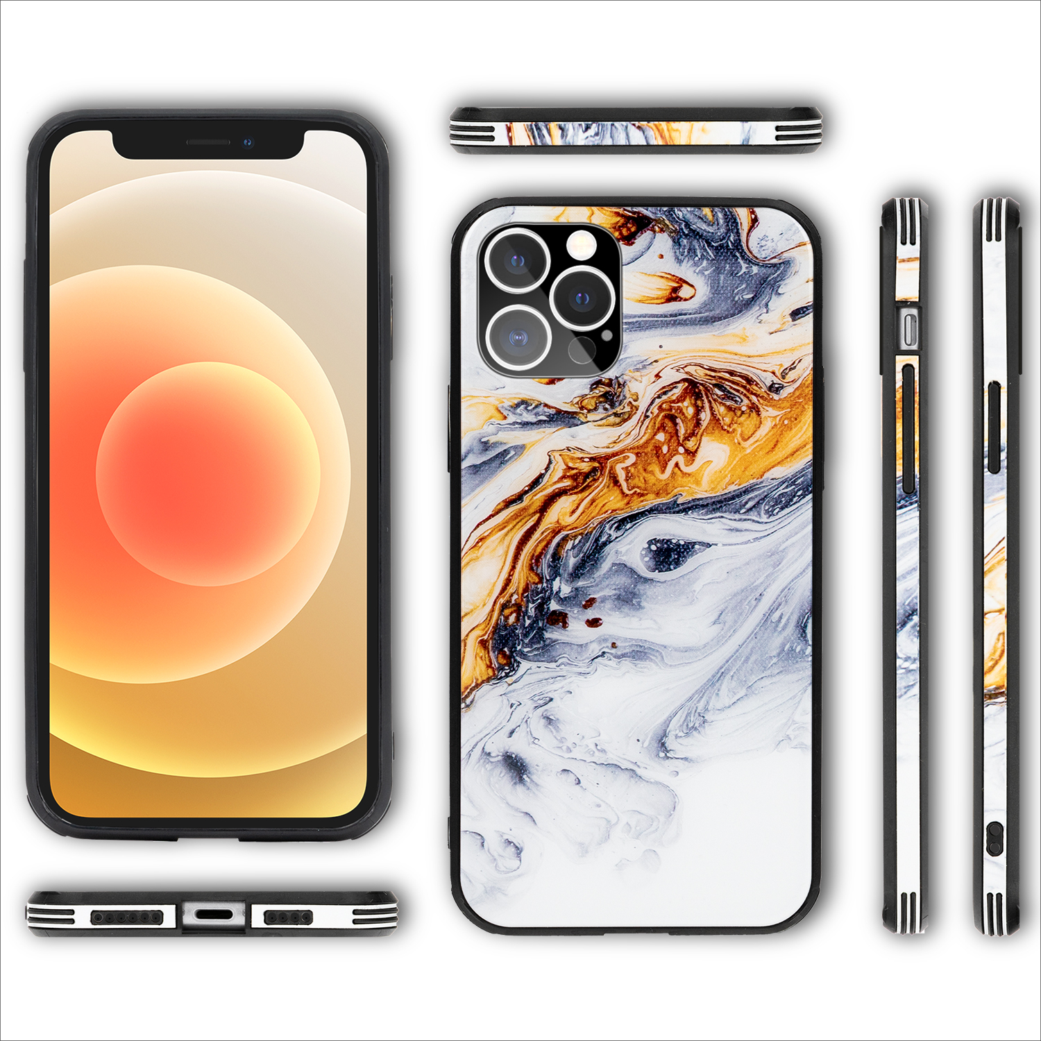 Funda de teléfono con diseño de mármol. Vistas frontal y lateral.