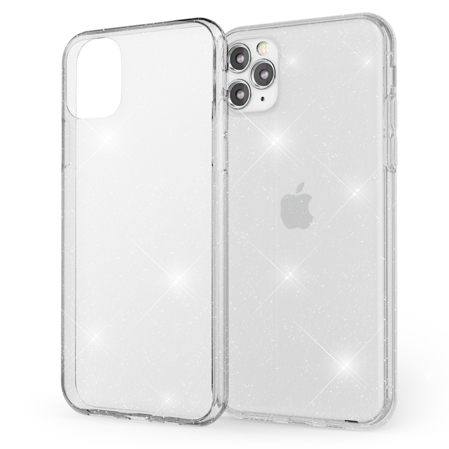 Funda transparente con purpurina con un teléfono dentro. El teléfono tiene un logotipo de Apple en la parte posterior.
