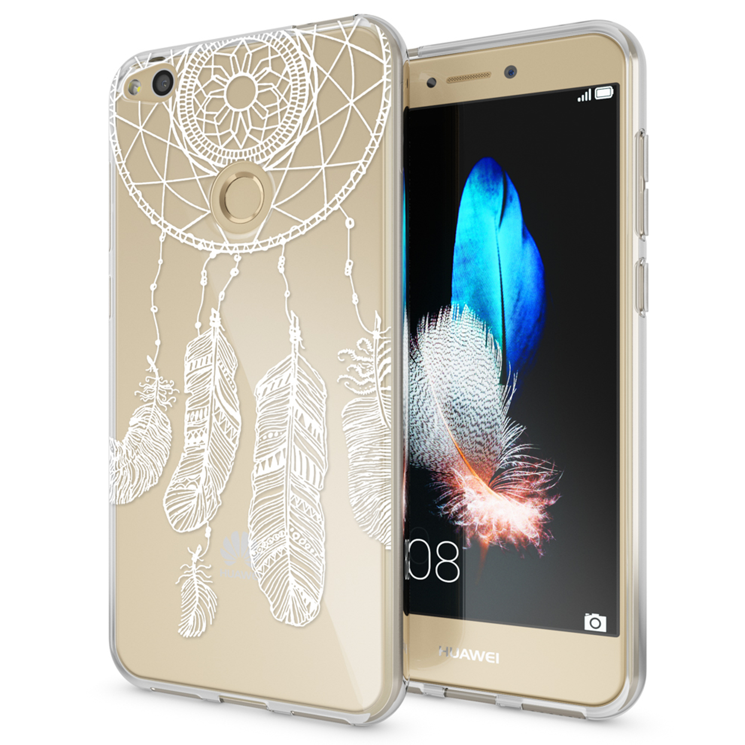 Eine Handyhülle mit einem Traumfänger-Design. Die Hülle ist transparent mit einem weißen Traumfänger.
