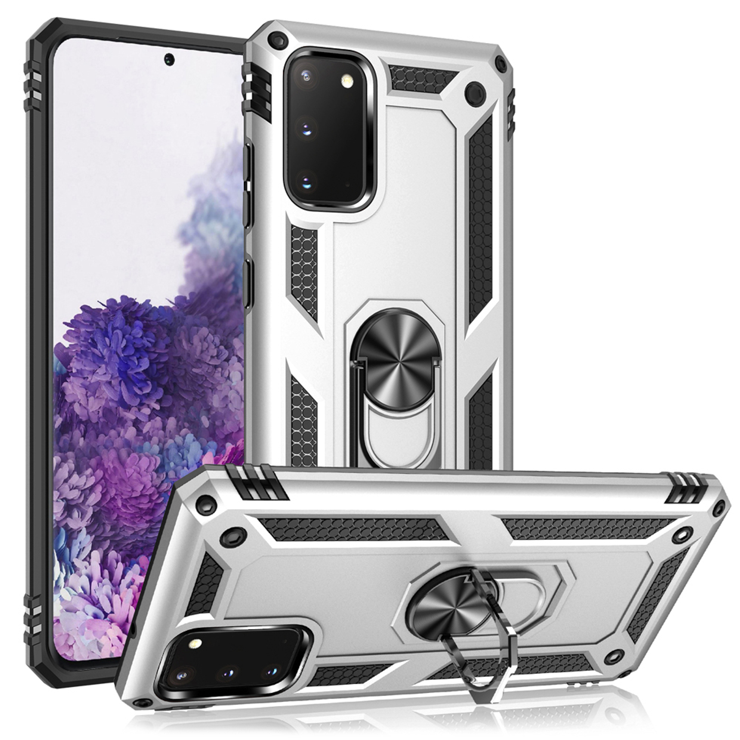 Eine silberne Handyhülle mit einem Ringhalter. Das Telefon befindet sich auf weißem Hintergrund. Die Handyhülle hat eine schwarze Zierleiste.