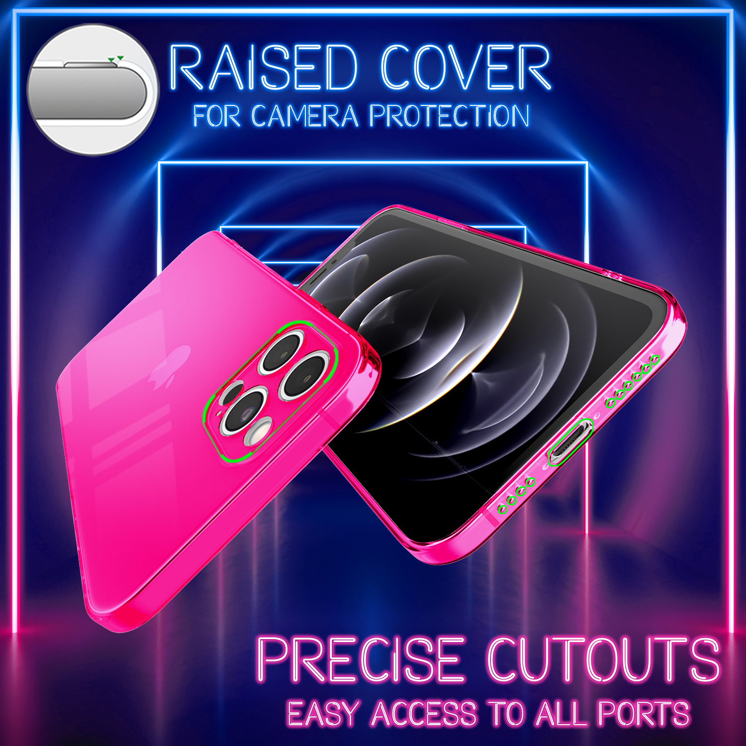Rosa Handyhülle mit erhöhtem Kamera-Cover und präzisen Aussparungen. Neonlichter im Hintergrund.