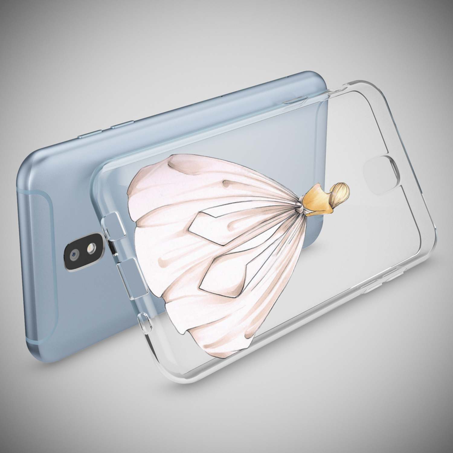 Eine transparente Handyhülle über einem blauen Telefon, eine Kleidillustration.
