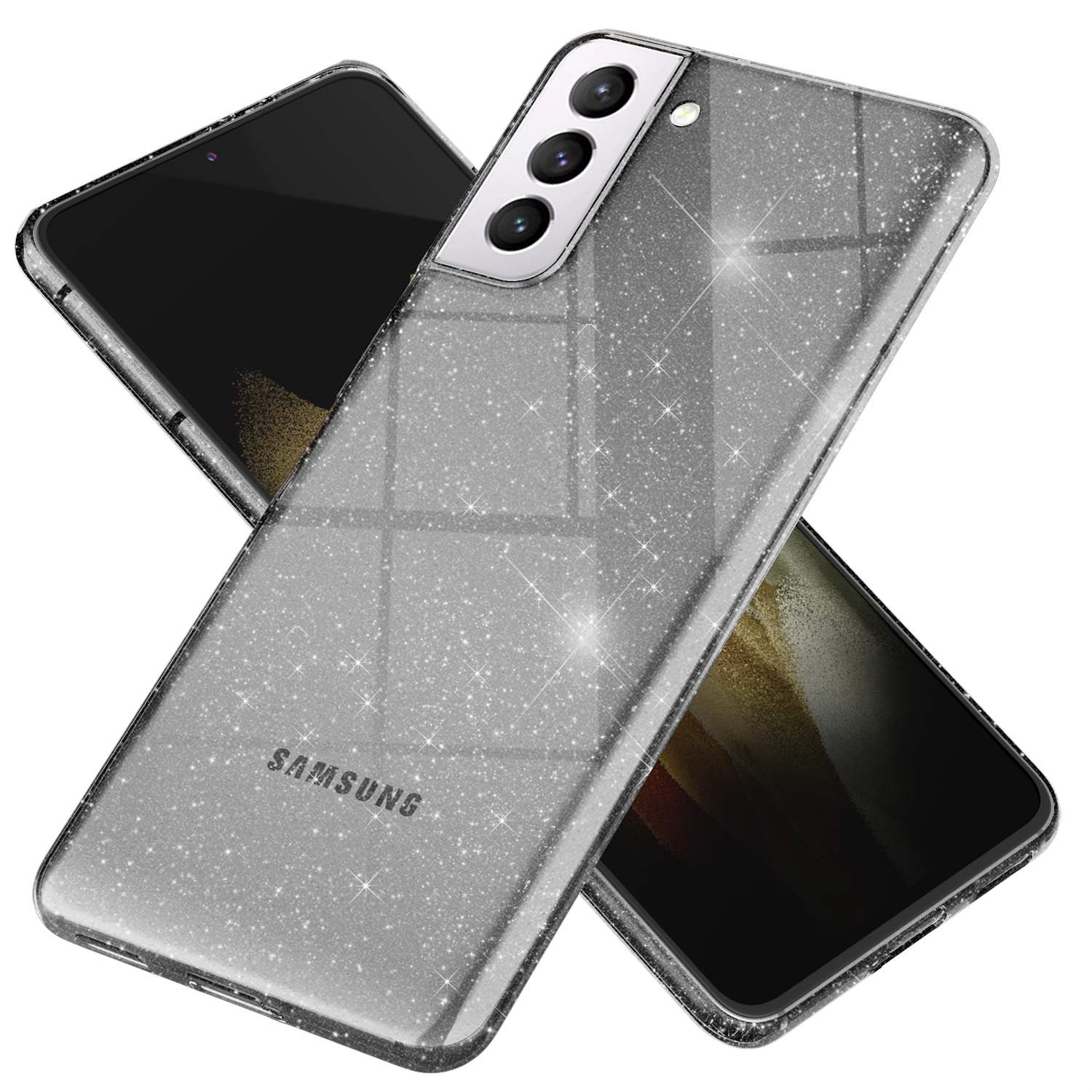 Eine silberne Glitzer-Handyhülle auf zwei Handys. Ein Samsung-Telefon ist sichtbar.