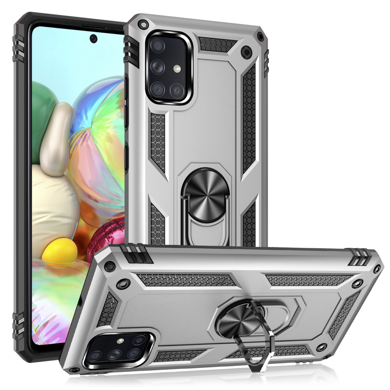 Silberne Handyhülle mit schwarzen Akzenten. Die Hülle hat einen Ringhalter und ein Telefon.