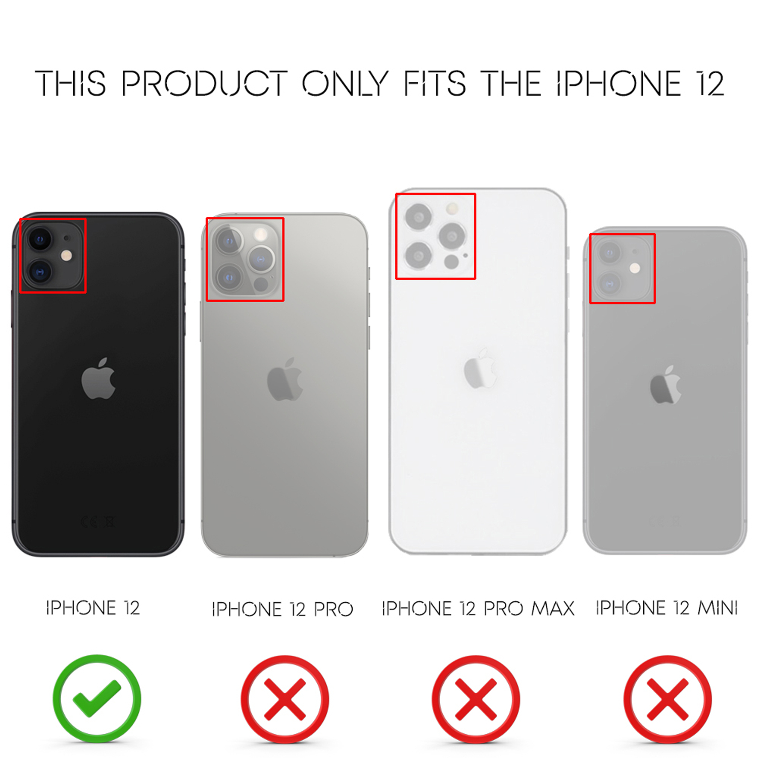Vergleich von vier iPhone-Modellen. Nur das iPhone 12 ist mit dem Produkt kompatibel.