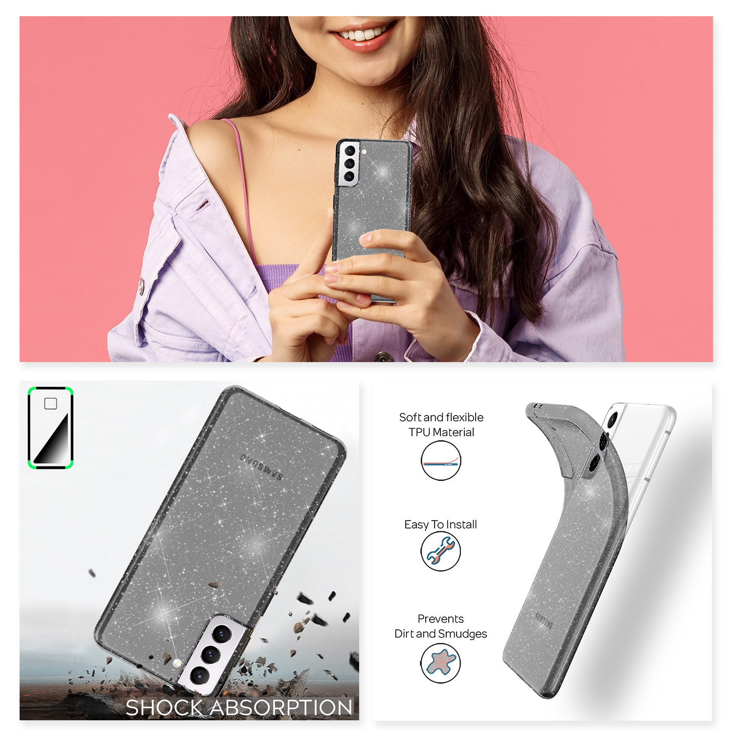 Frau hält Telefon mit glitzernder Hülle. Produktbilder zeigen Hüllendetails.