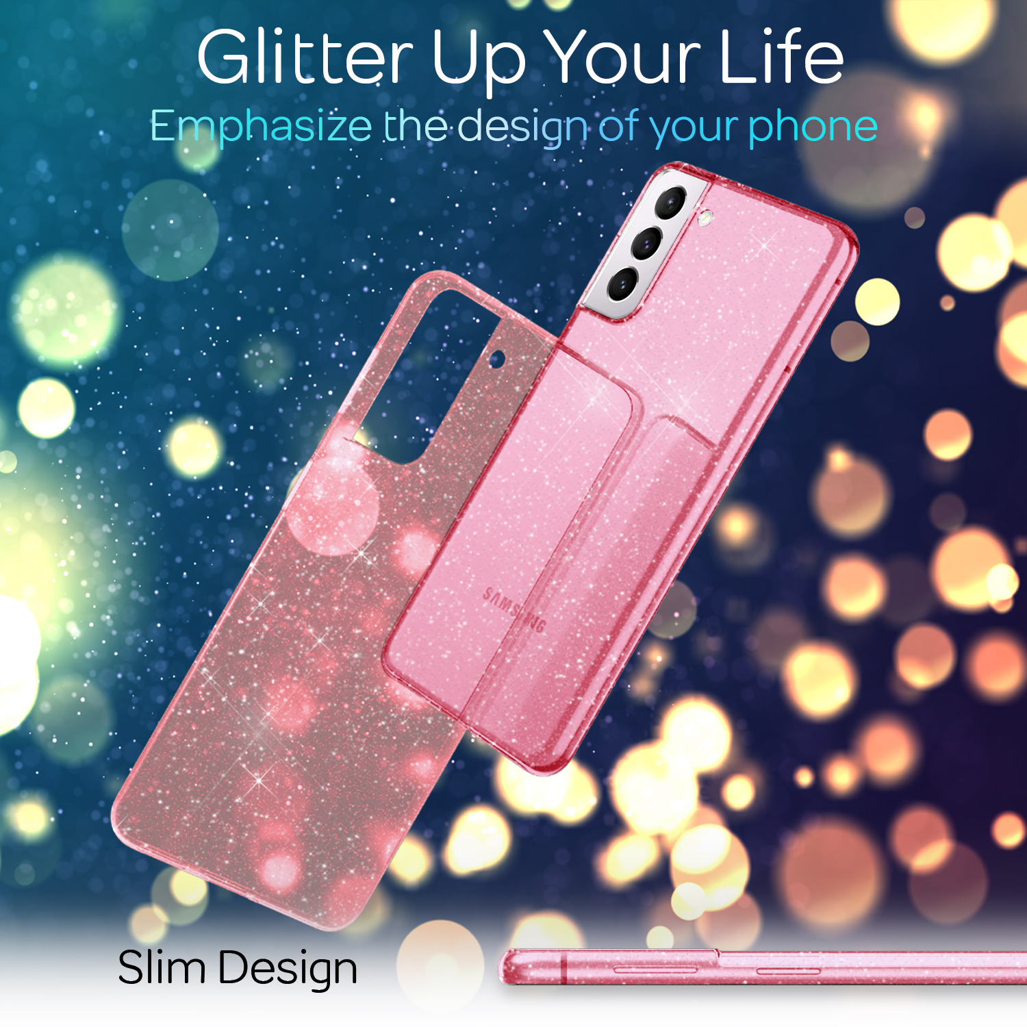 S21 Backcover, Samsung, Pink Hülle, Silikon Klare Galaxy Glitzer Plus, NALIA