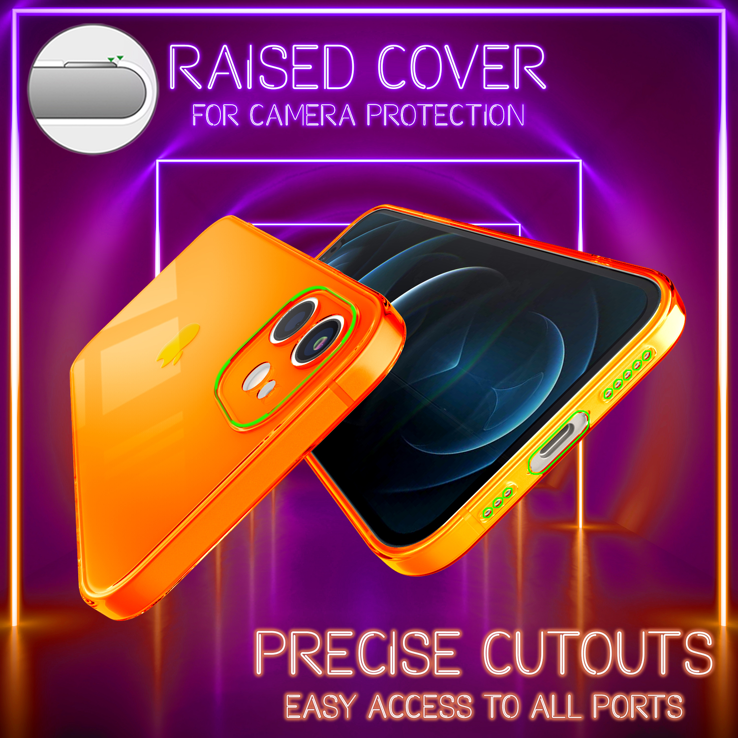 iPhone Backcover, Orange Apple, 12, NALIA Silikon Hülle, Neon Klar Transparente