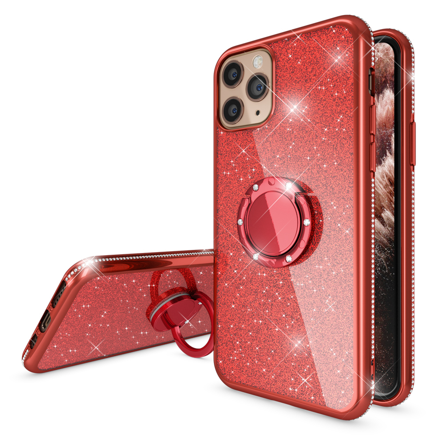 Rote Glitzer-Handyhüllen neben einem Telefon. Eine Hülle hat einen Ring. Die Hüllen glitzern.