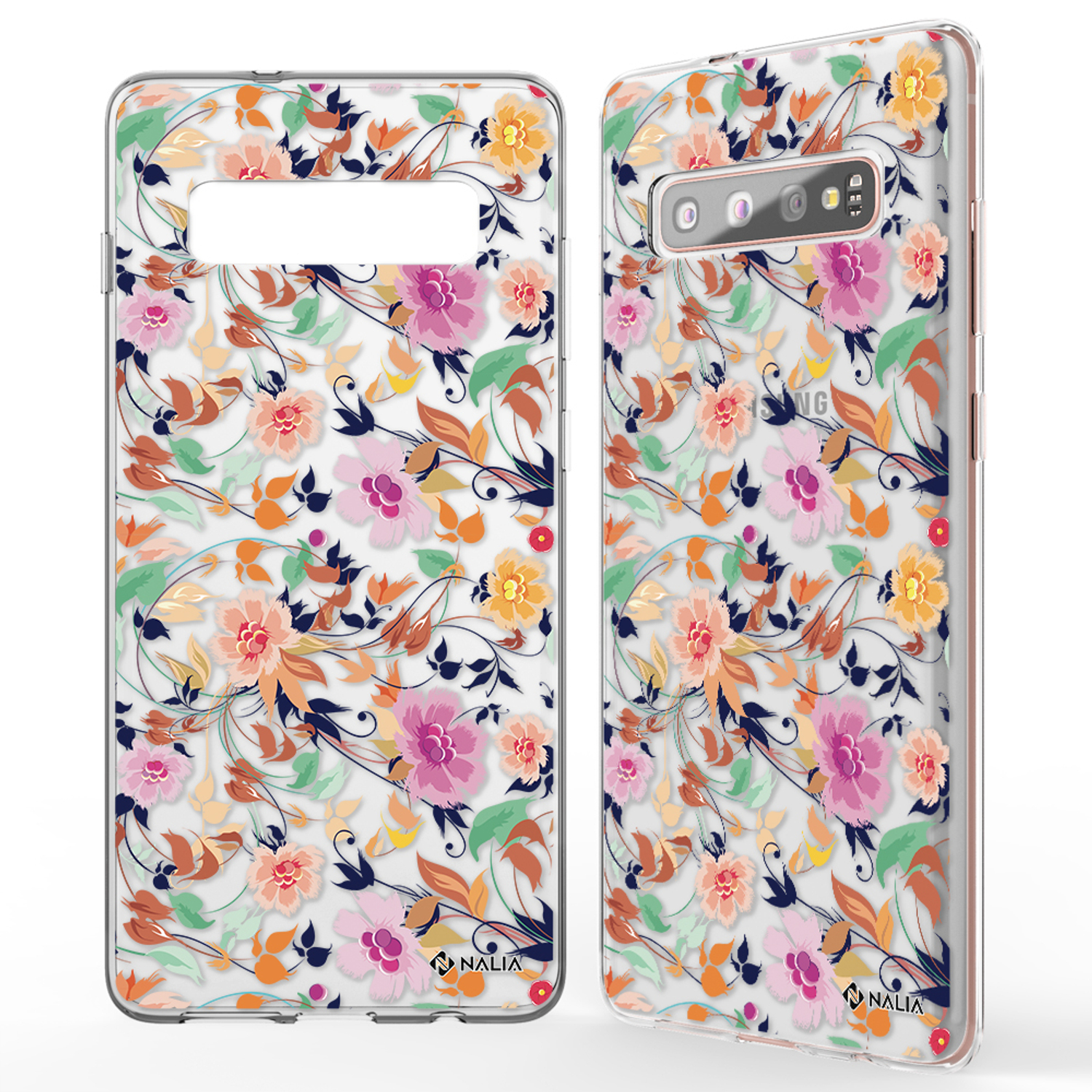 Zwei Handyhüllen mit Blumenmuster, eine klar und die andere goldfarben, mit Blumen.