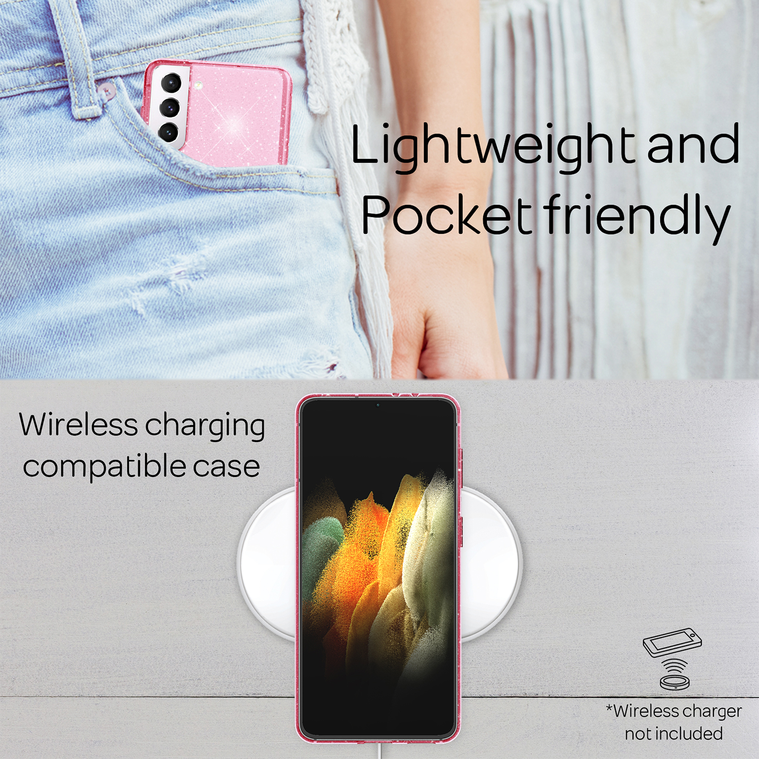 Backcover, Pink Hülle, Klare Samsung, Plus, Glitzer Galaxy NALIA S21 Silikon