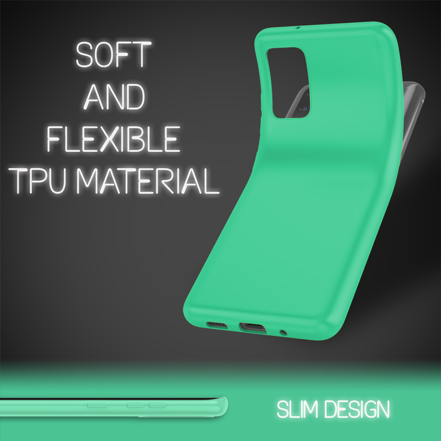Eine flexible grüne Handyhülle wird gebogen, um ihre Flexibilität zu zeigen. Der Hintergrund ist dunkel mit den Worten Soft and Flexible TPU material.