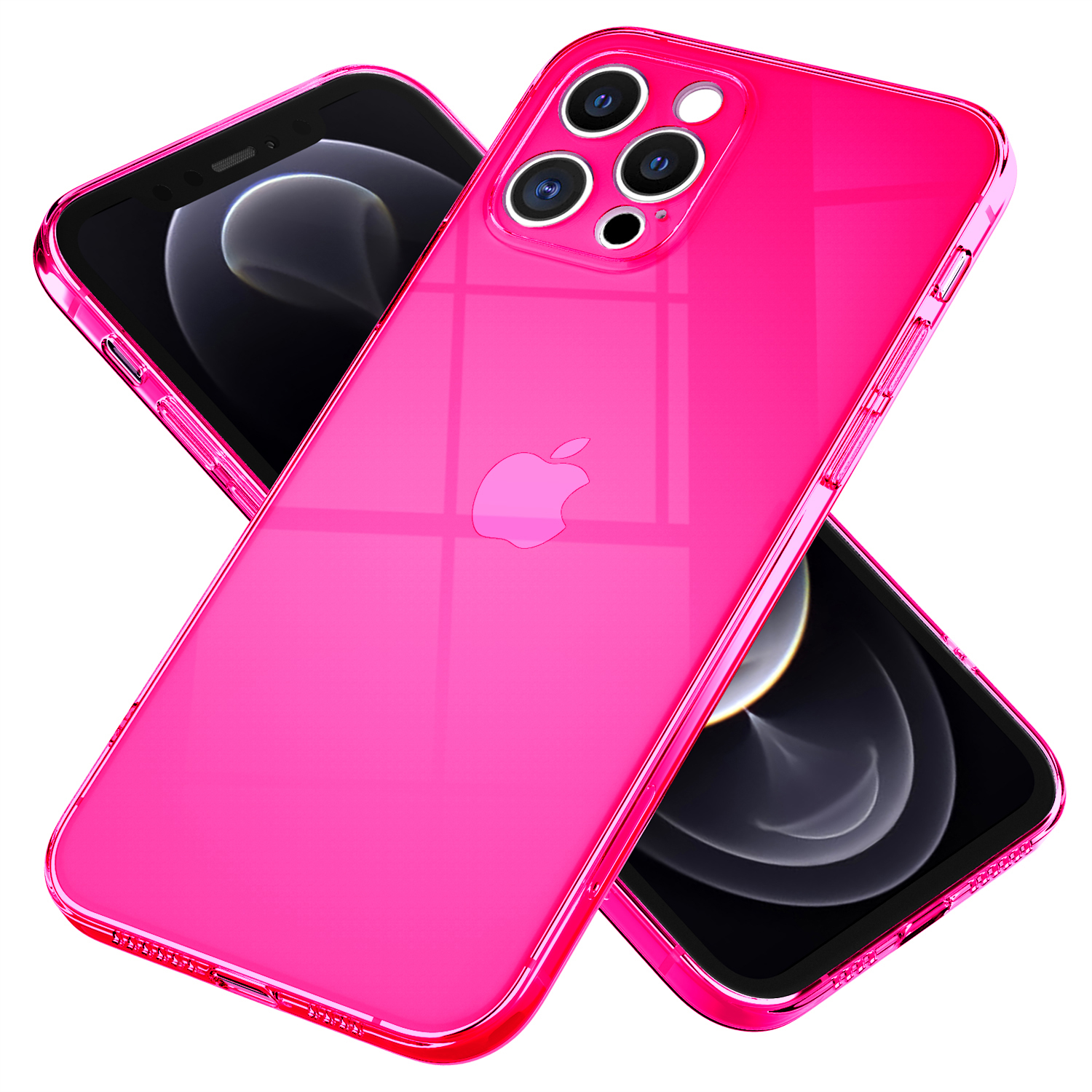 Rosa Handyhülle um zwei Telefone. Zeigt die Rückseite des Telefons mit dem Apple-Logo.