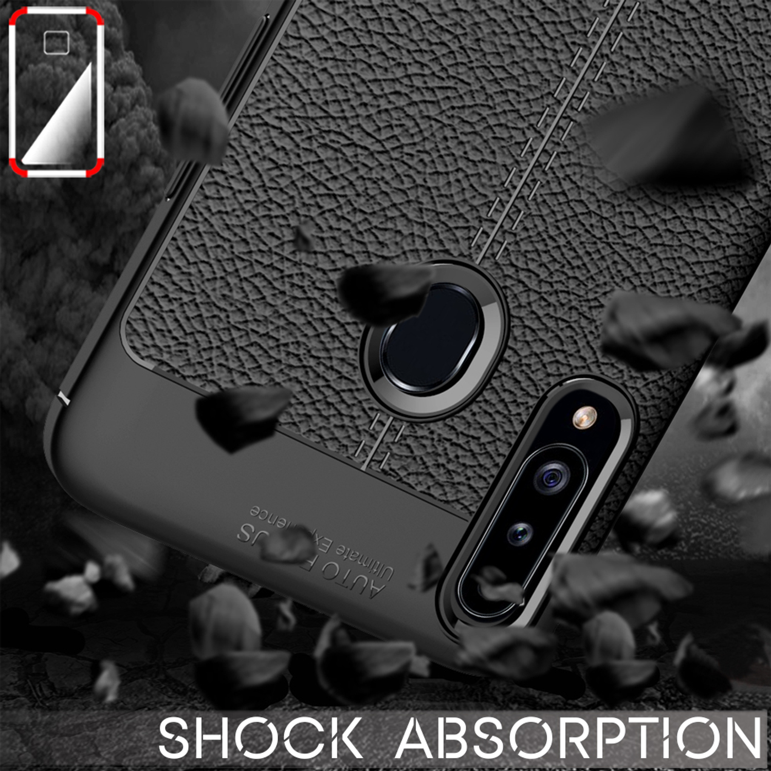 Schwarze Handyhülle mit Stoßabsorption, umgeben von fallenden Steinen. Das Telefon hat eine strukturierte Rückseite.