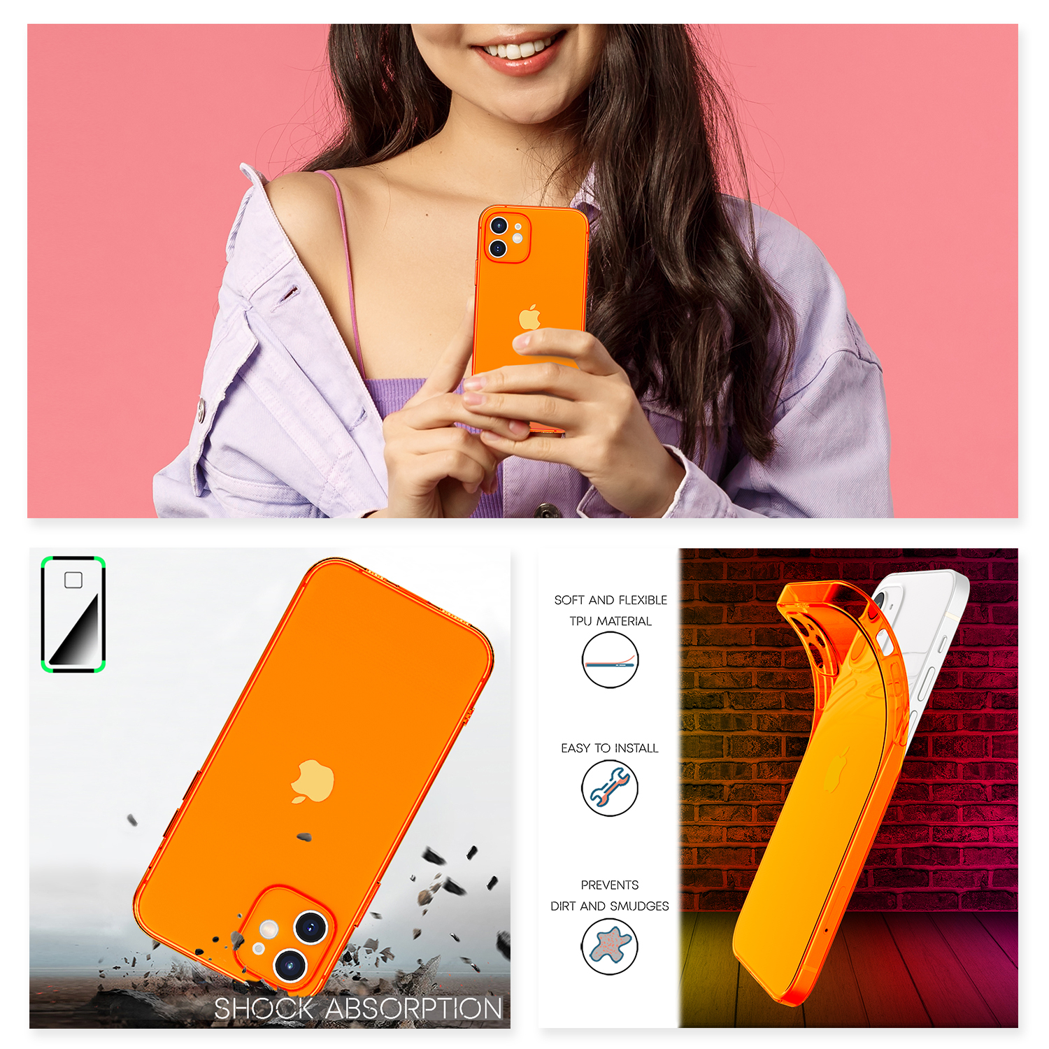 Eine Frau hält ein orangefarbenes Telefon mit passender Hülle. Zusätzliche Bilder zeigen die Eigenschaften der Hülle, einschließlich Stoßabsorption.