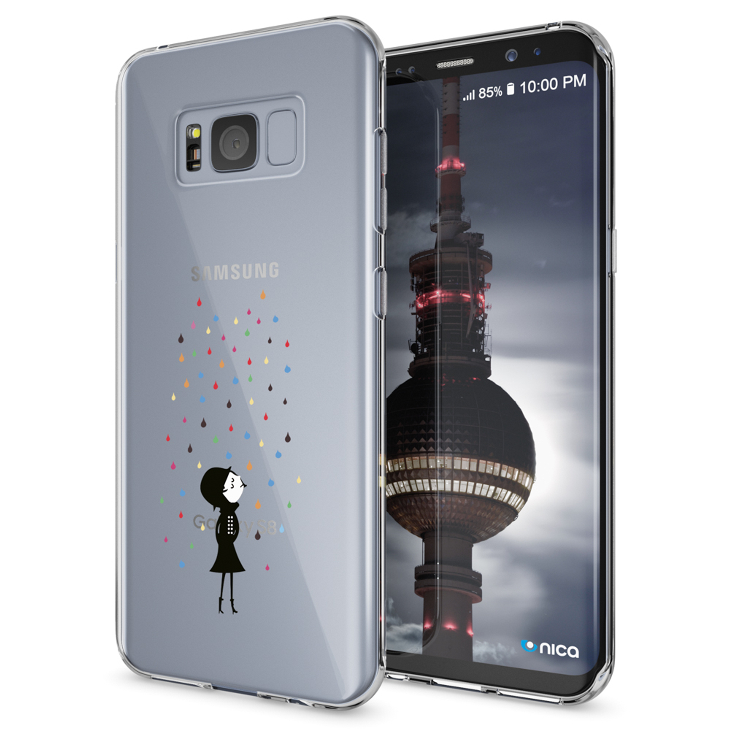 Funda transparente con diseño de niña y lluvia colorida. Teléfono muestra la Torre de Berlín.
