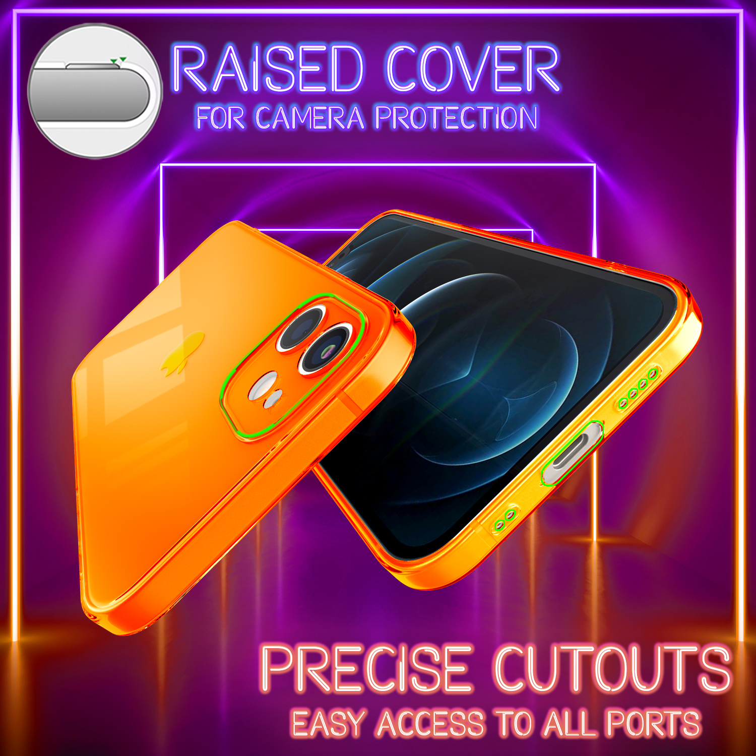 Oranges Telefon mit Schutzhülle, erhöhte Kanten für Kameraschutz.