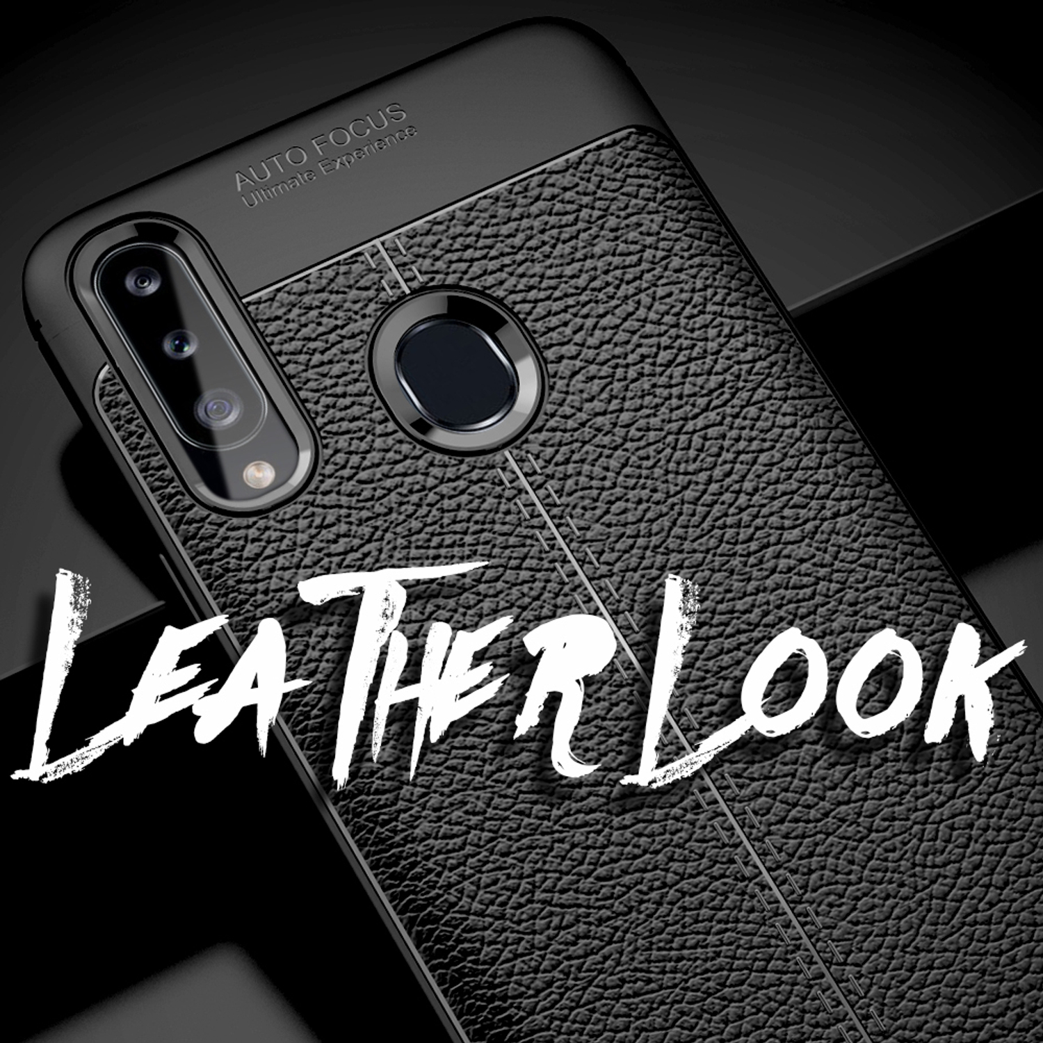 Eine Handyhülle im Leder-Look und mit Nähten. Text: Leder-Look. Schwarze Handyhülle mit strukturierter Oberfläche.