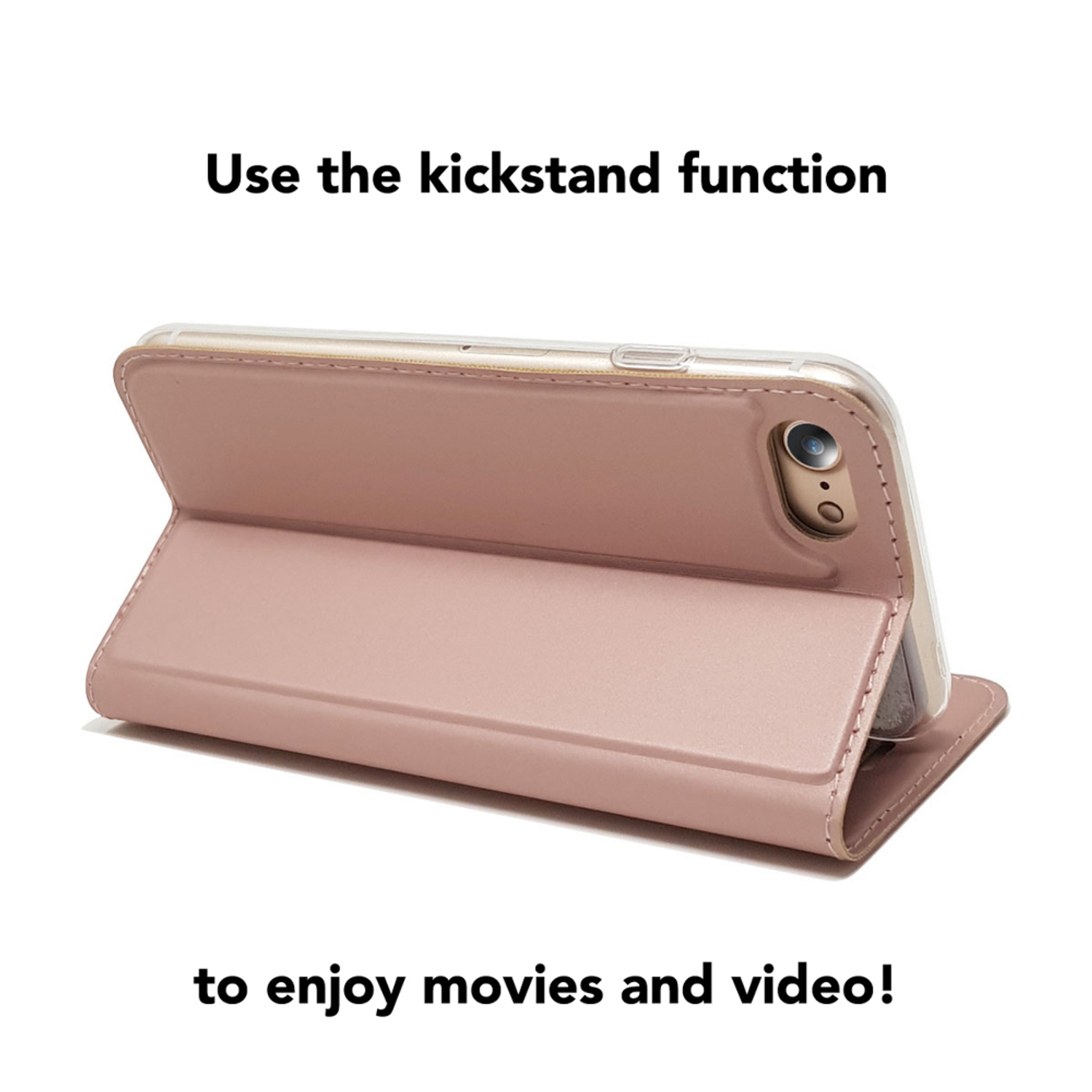 Téléphone dans un étui rose ouvert comme béquille. Texte : Utilisez le support pour profiter des films et des vidéos !