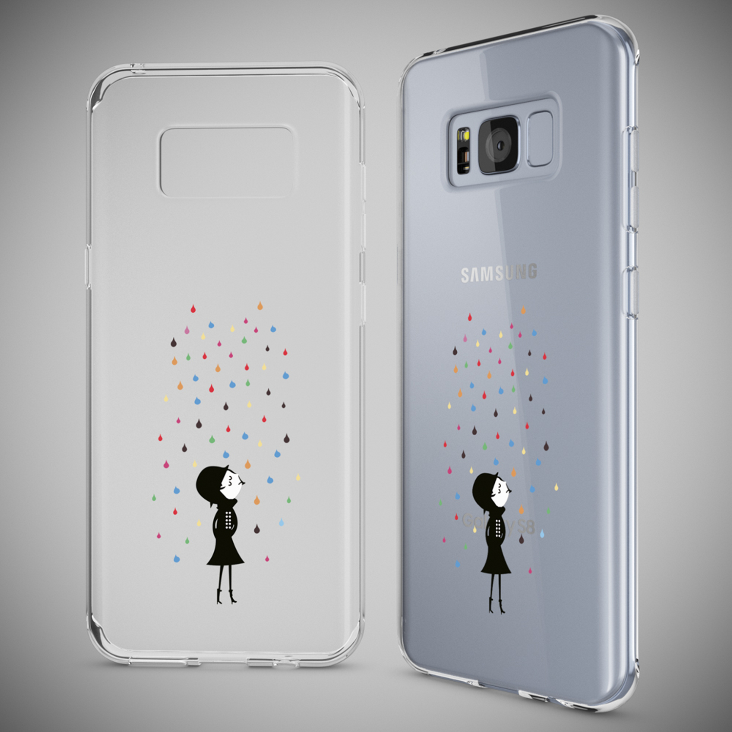 Funda transparente con diseño de mujer y gotas de lluvia de colores. El teléfono es gris.
