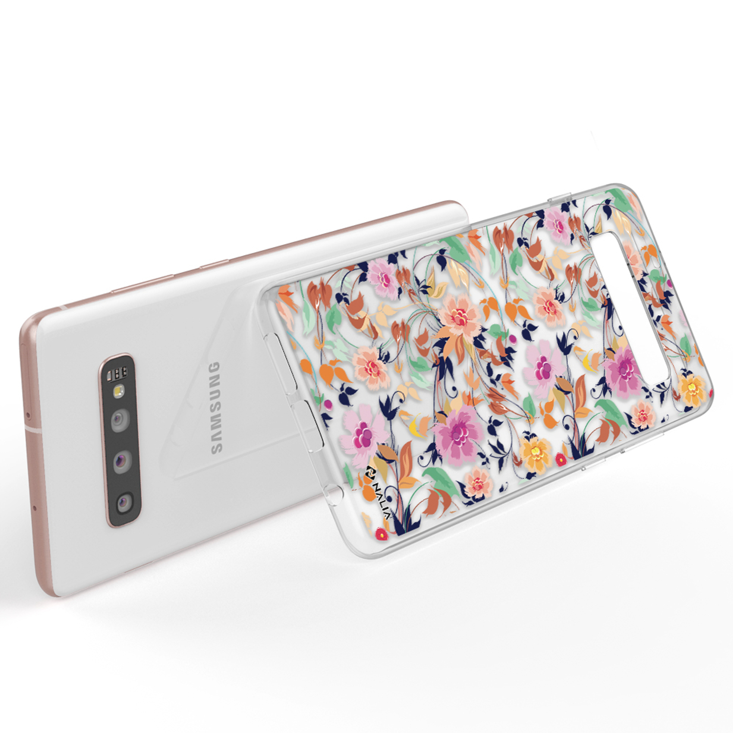 Eine Handyhülle mit floralem Design wird auf einem Telefon gezeigt. Das Telefon befindet sich vor weißem Hintergrund.