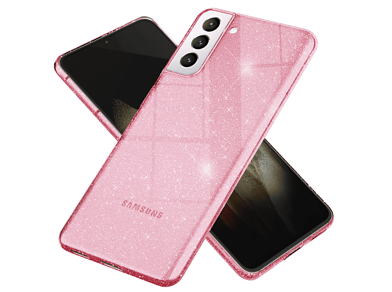 S21 Backcover, Samsung, Pink Hülle, Silikon Klare Galaxy Glitzer Plus, NALIA
