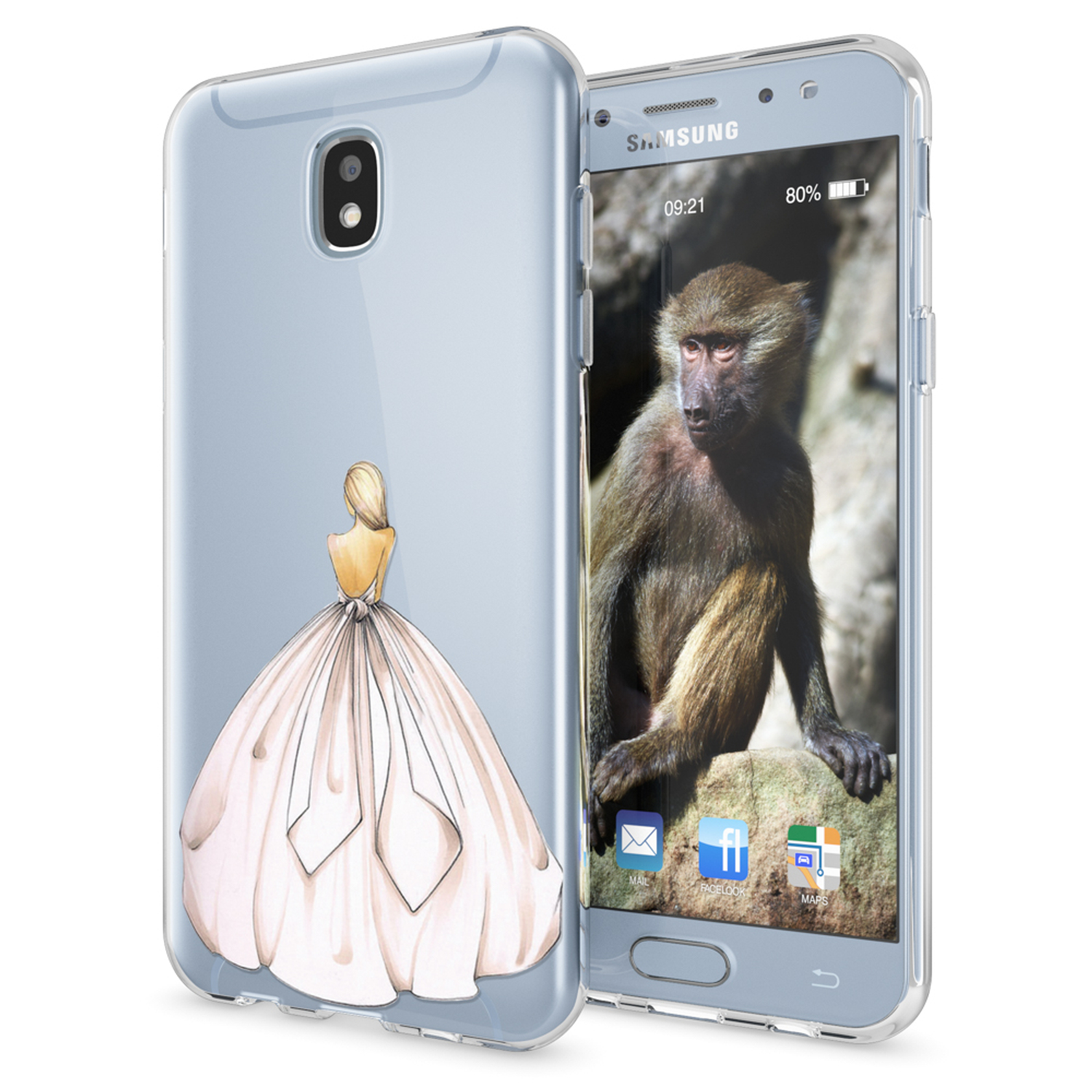 Transparente Handyhülle mit Zeichnung einer Frau in weißem Kleid und einem Affen auf dem Telefonbildschirm.