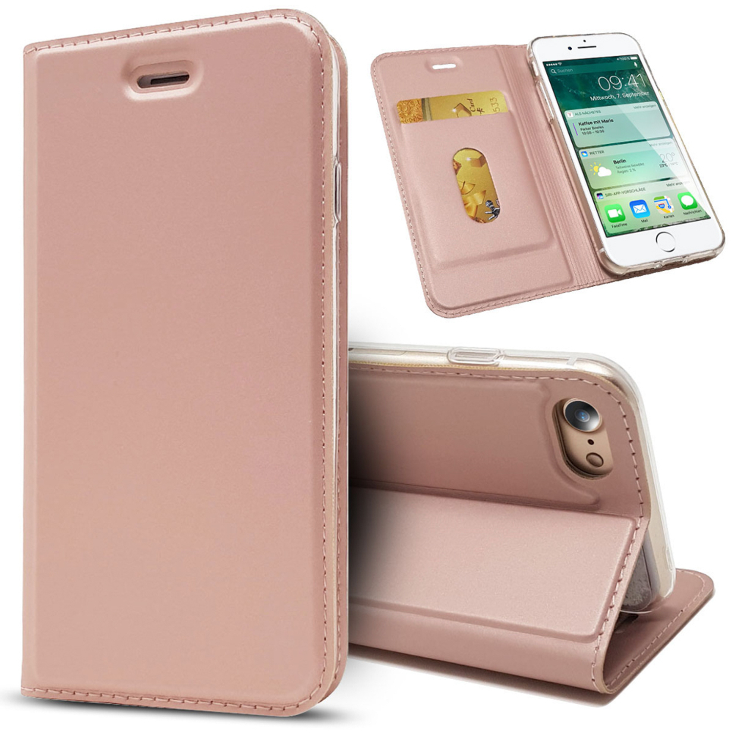 Coque or rose avec porte-cartes et téléphone affichant un écran.