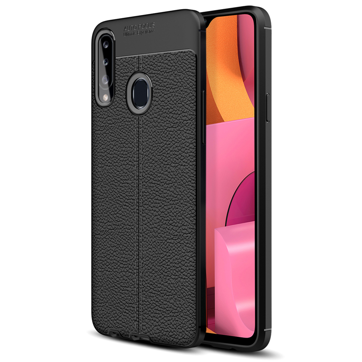 Schwarze Handyhülle mit Ledertextur. Das Telefon hat eine Kameralinse.