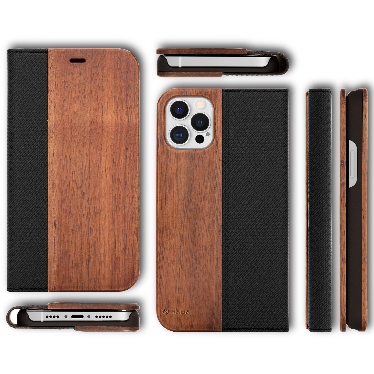 NALIA Echt Holz Case Klapphülle Magnetverschluss, 12 Flip Max, mit iPhone Apple, Flip Braun Cover, Pro