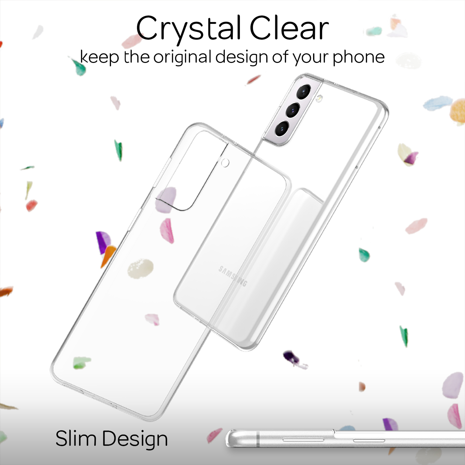 Transparente Handyhülle mit Telefon, Konfetti im Hintergrund. Text: Kristallklar, Schlankes Design.