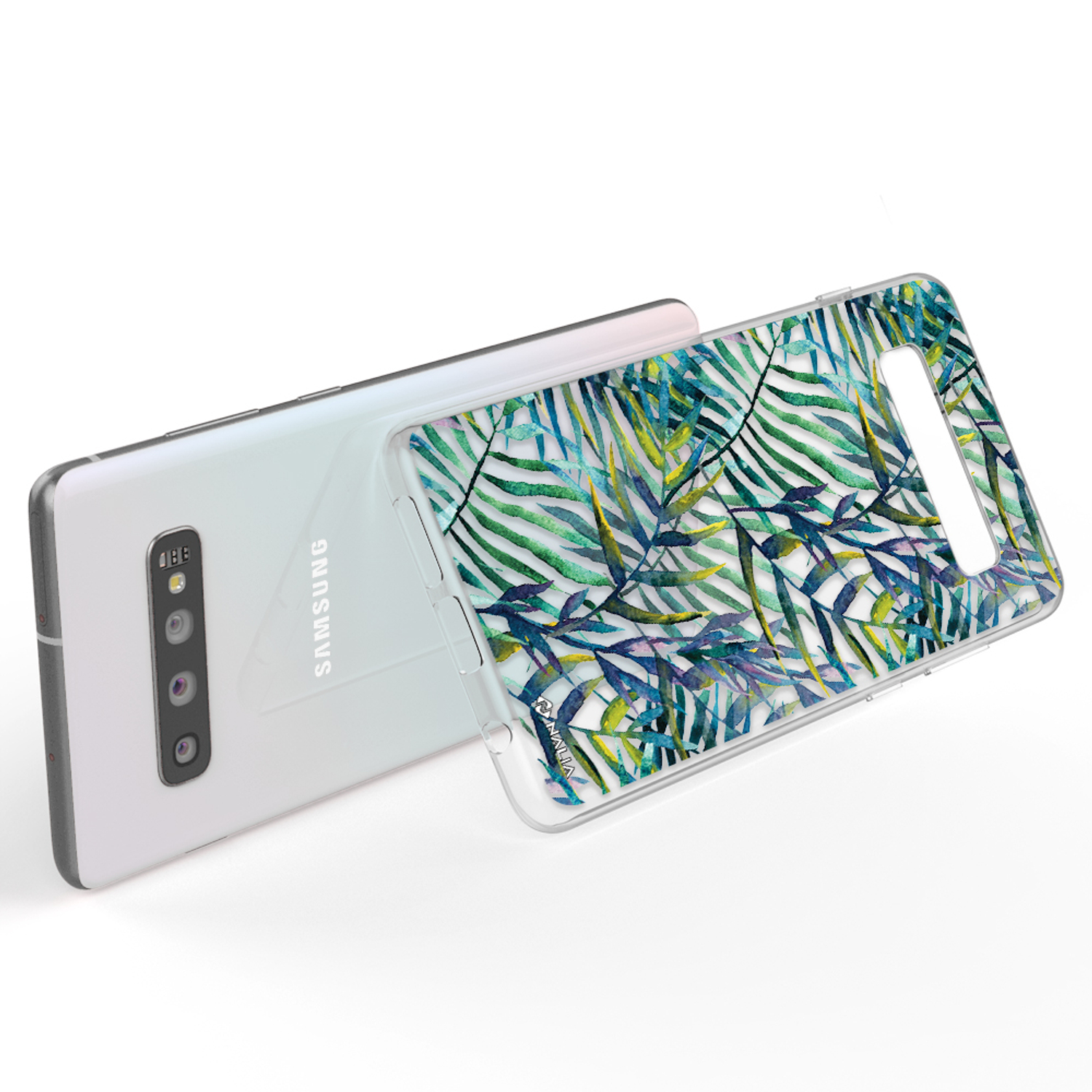 Weißes Samsung-Telefon mit transparenter Hülle. Grünes Blattmuster auf der Hülle.