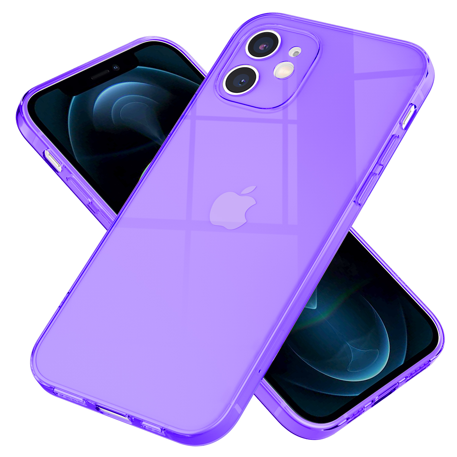 Eine lila Handyhülle mit zwei Handys sichtbar. Die Handys zeigen das Apple-Logo.