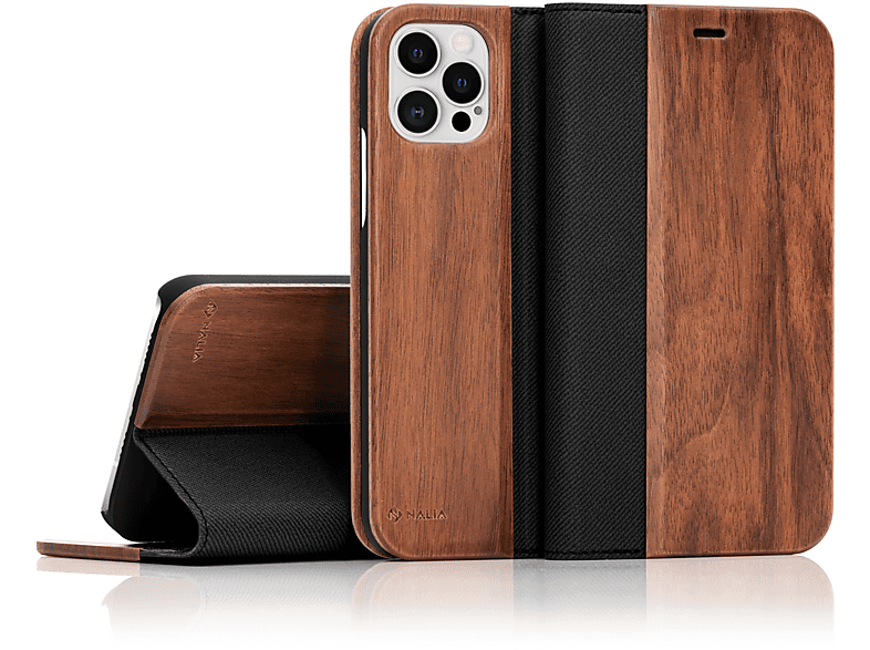 NALIA Echt Holz Flip Case Klapphülle mit Magnetverschluss, Flip Cover, Apple, iPhone 12 Pro Max, Braun