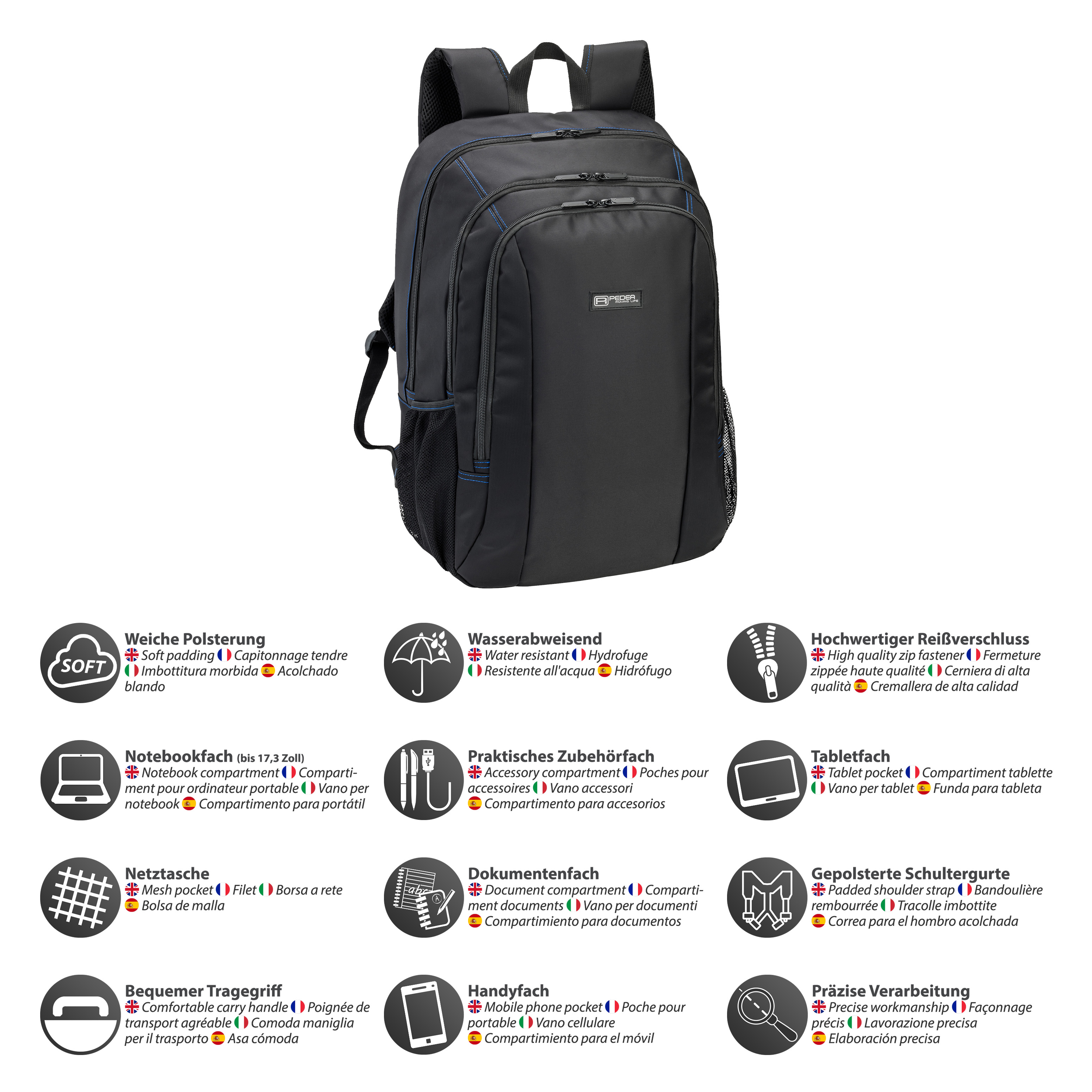 Ein schwarzer Rucksack mit mehreren Fächern und Funktionen. Textetiketten weisen auf Details hin.