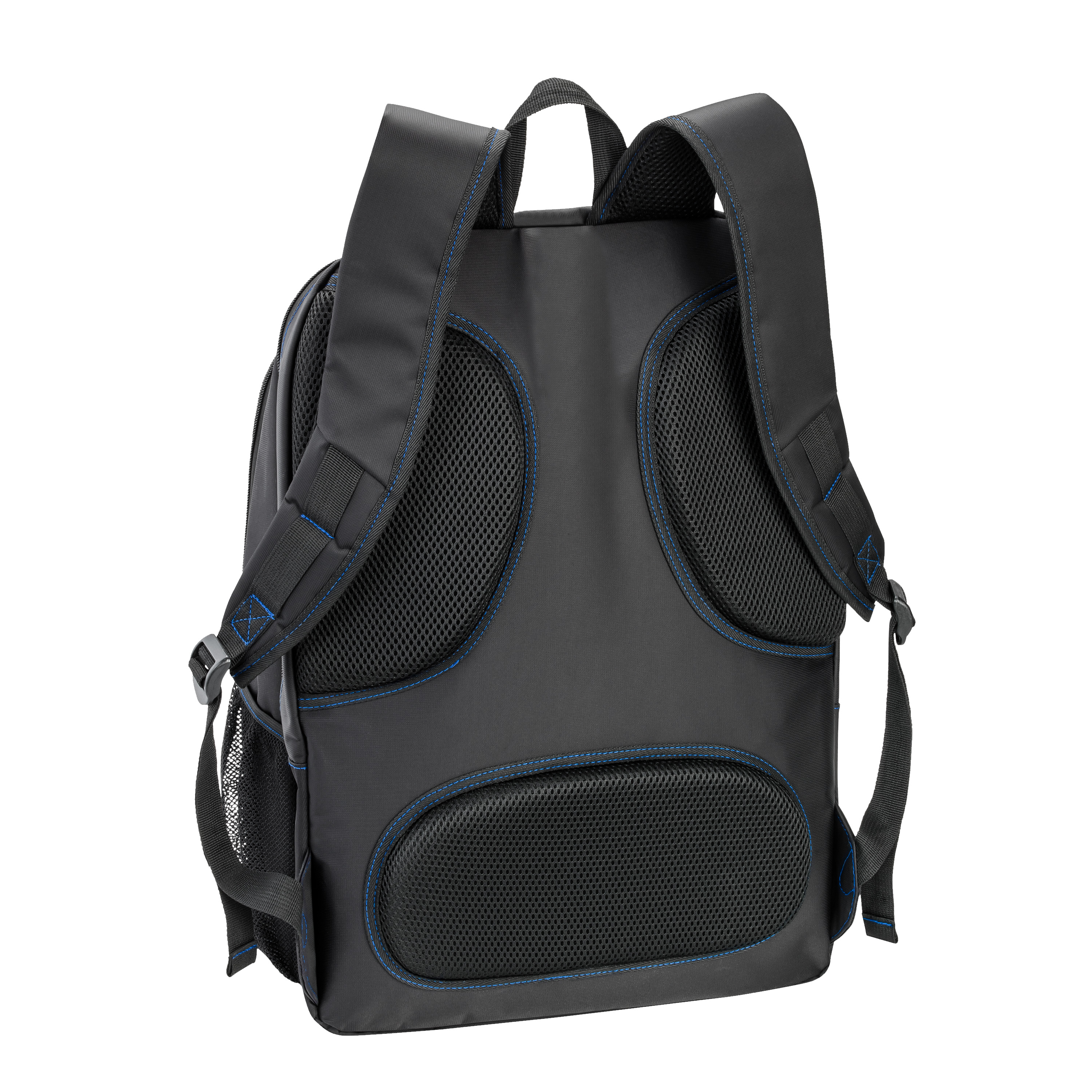 Schwarzer Rucksack mit blauen Nähten, Mesh-Rücken und Schultergurten. Weißer Hintergrund.