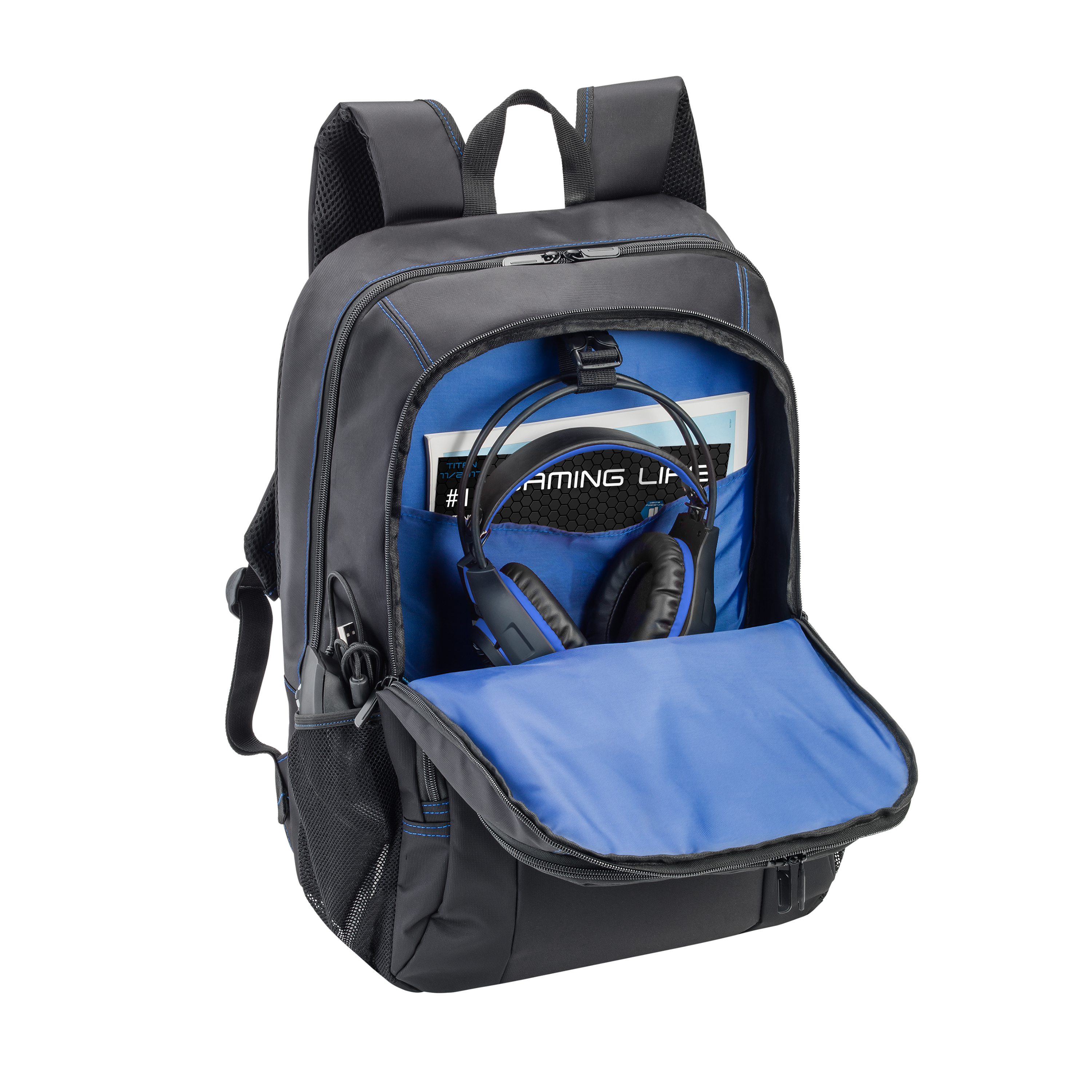 Rucksack mit Kopfhörern und Buch. Blaues und schwarzes Farbschema. Offen.